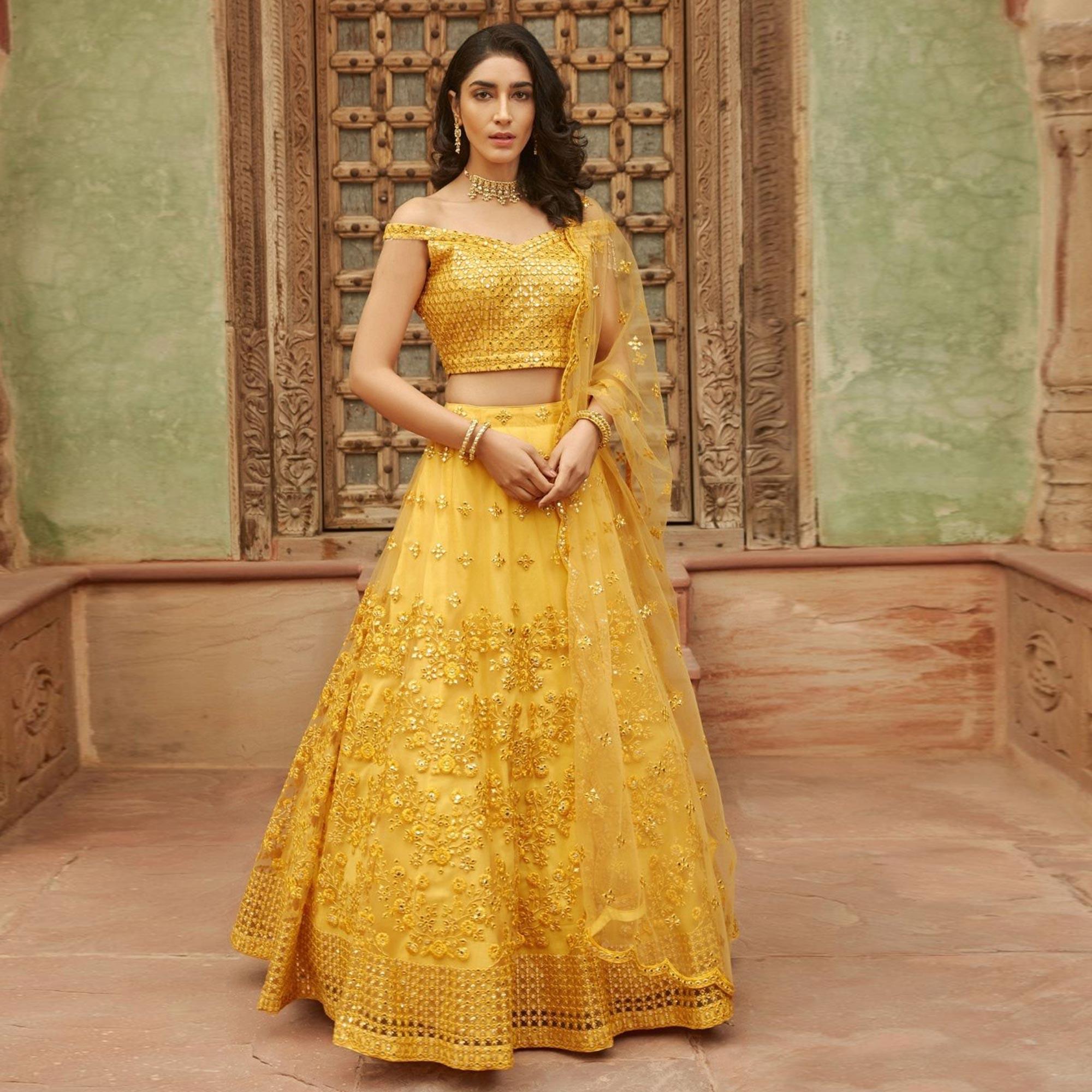 Yellow Wedding Wear Designer Embroidered Organza Lahenga Choli - Peachmode