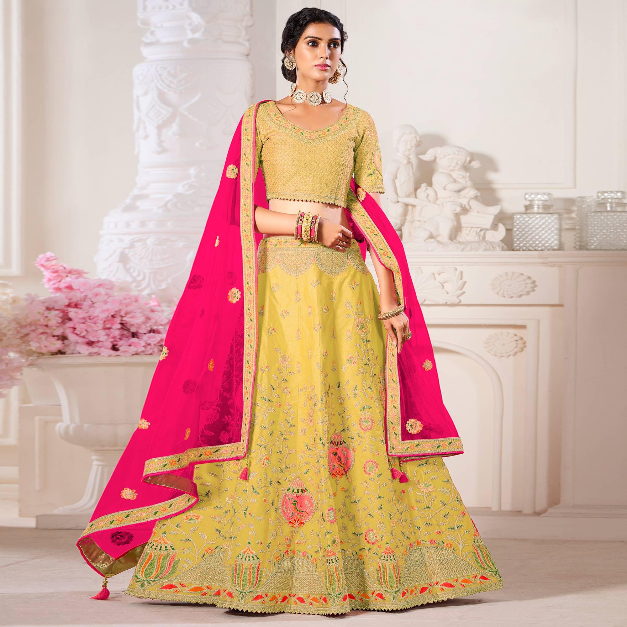 Yellow Wedding Wear Embroidered Silk Lehenga Choli - Peachmode