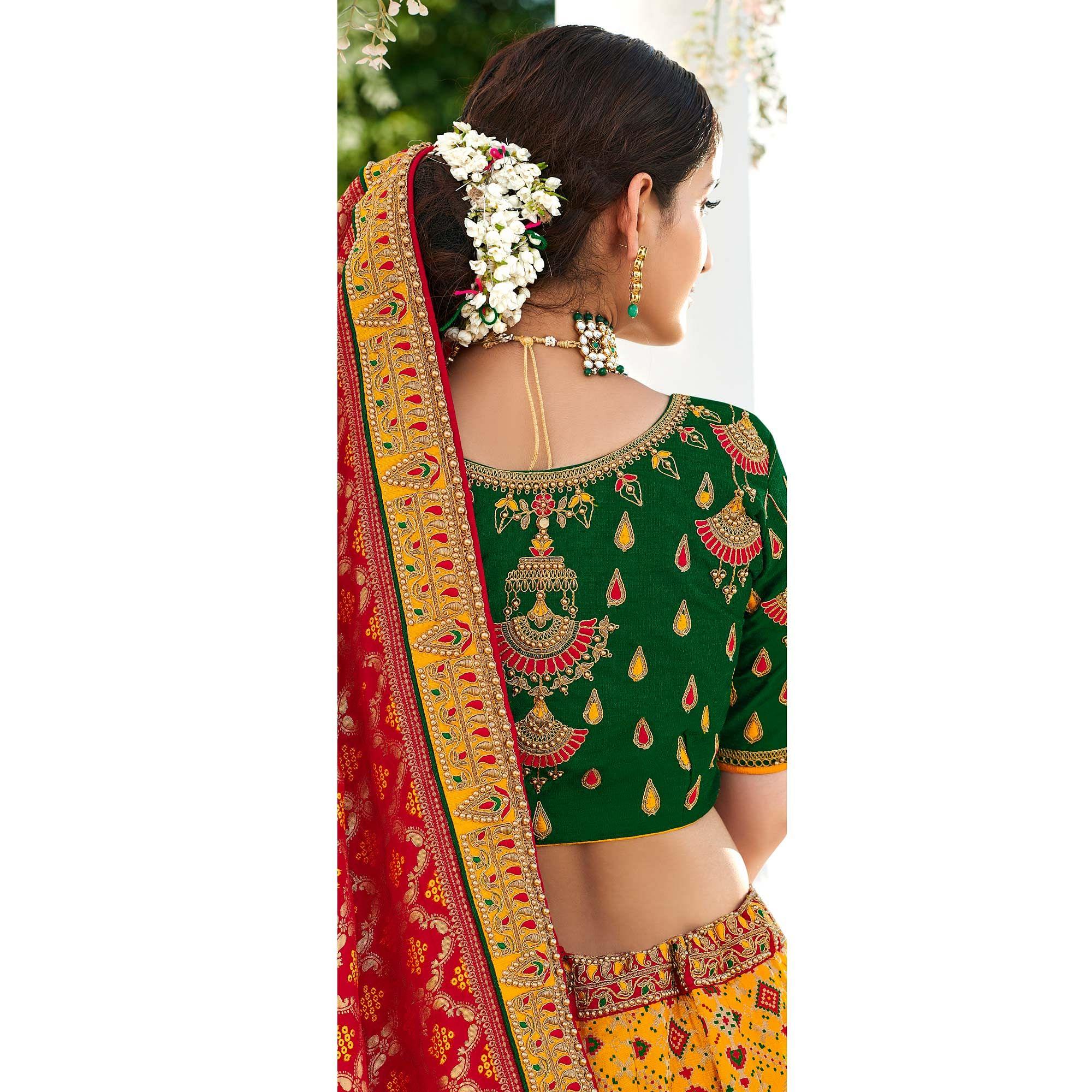 Yellow Wedding Wear Heavy Embroidered Banarasi Silk Lehenga Choli - Peachmode