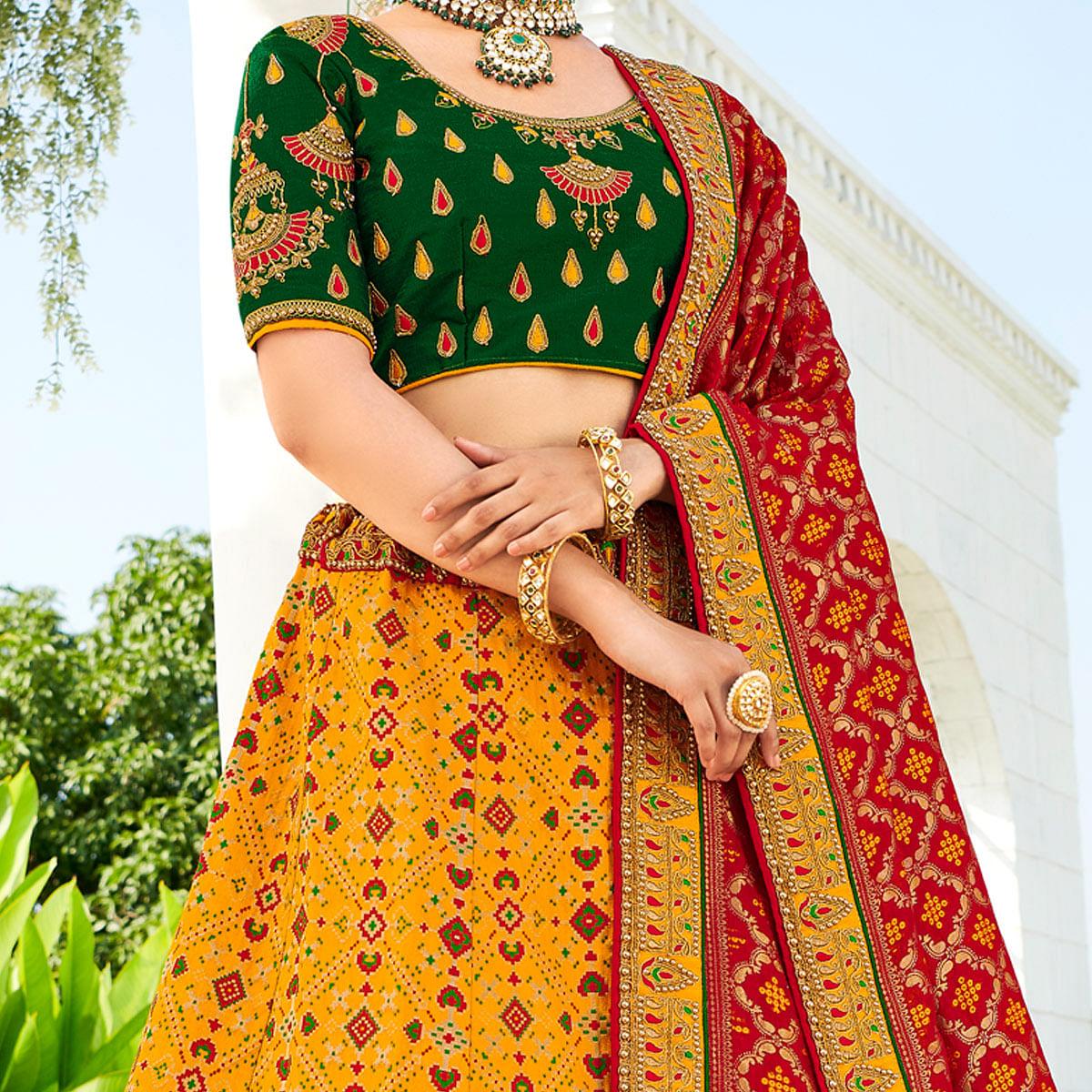 Yellow Wedding Wear Heavy Embroidered Banarasi Silk Lehenga Choli - Peachmode