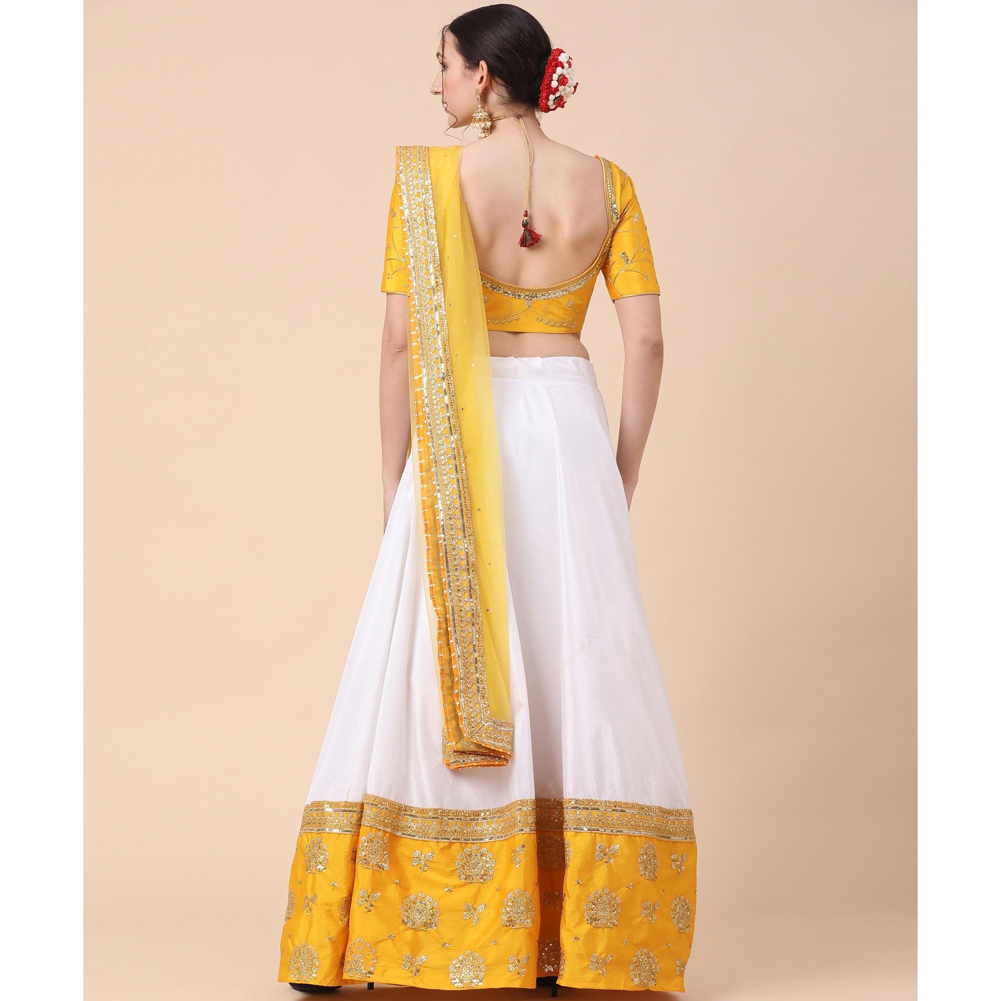 Yellow-White Party Wear Sequence Embroidered Satin Lehenga Choli - Peachmode