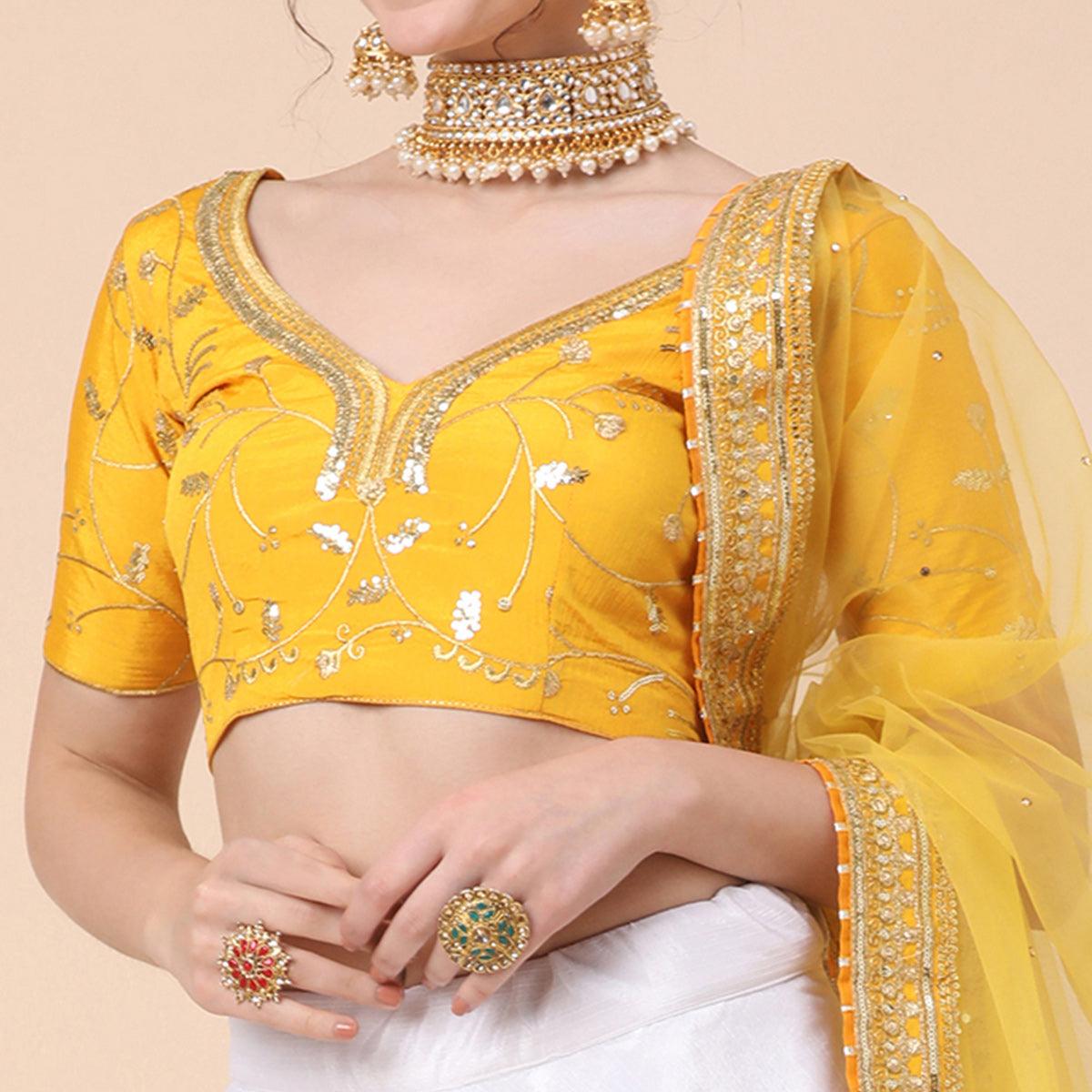 Yellow-White Party Wear Sequence Embroidered Satin Lehenga Choli - Peachmode
