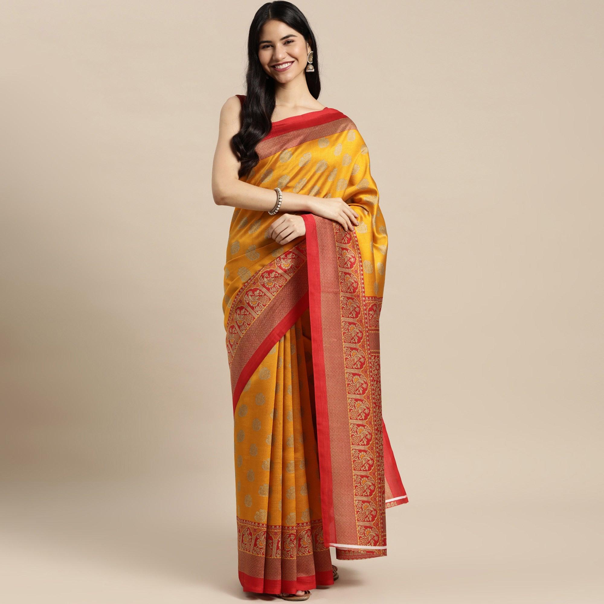 Yellow Woven Art Silk Saree - Peachmode