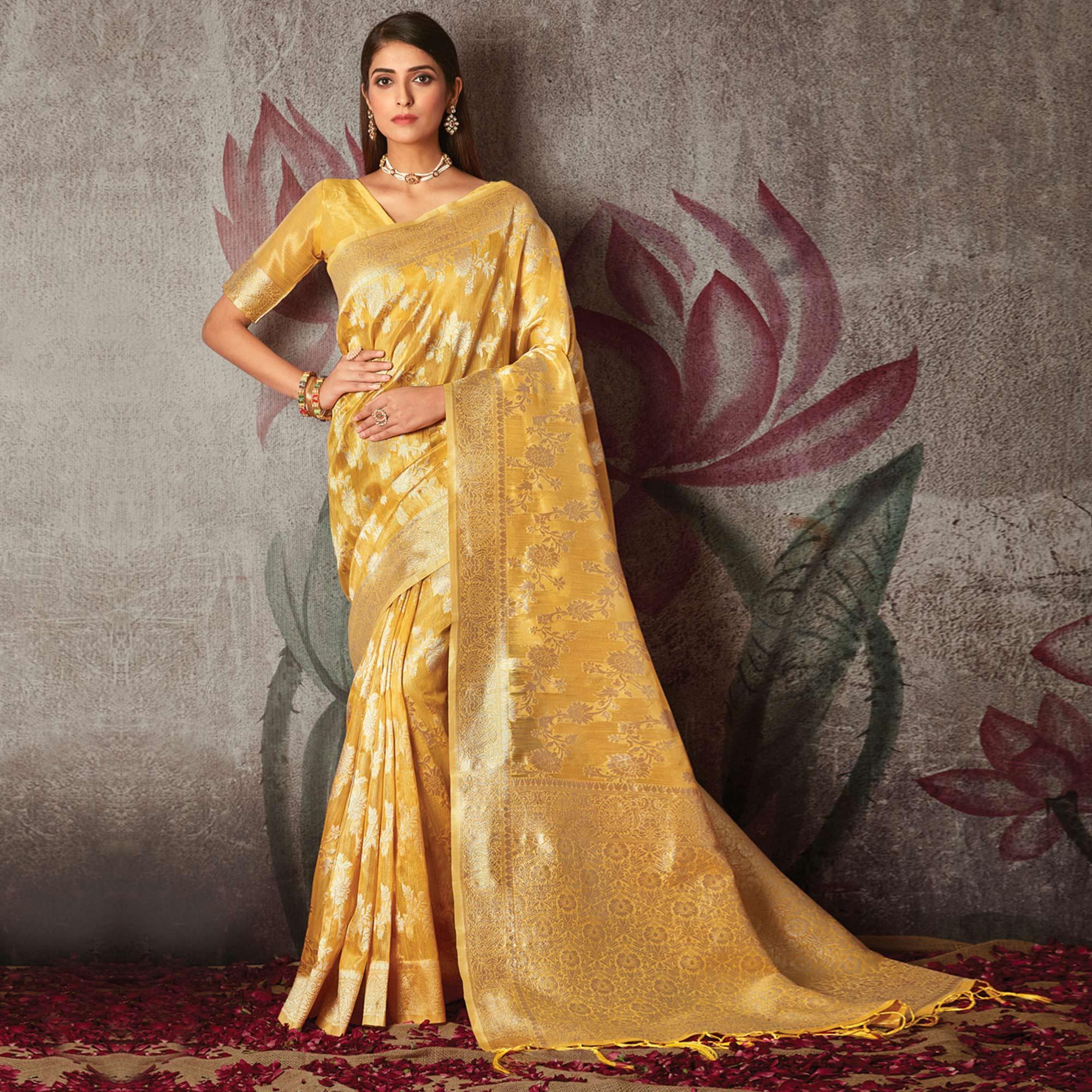 Yellow Woven Art Silk Saree With Tassels - Peachmode