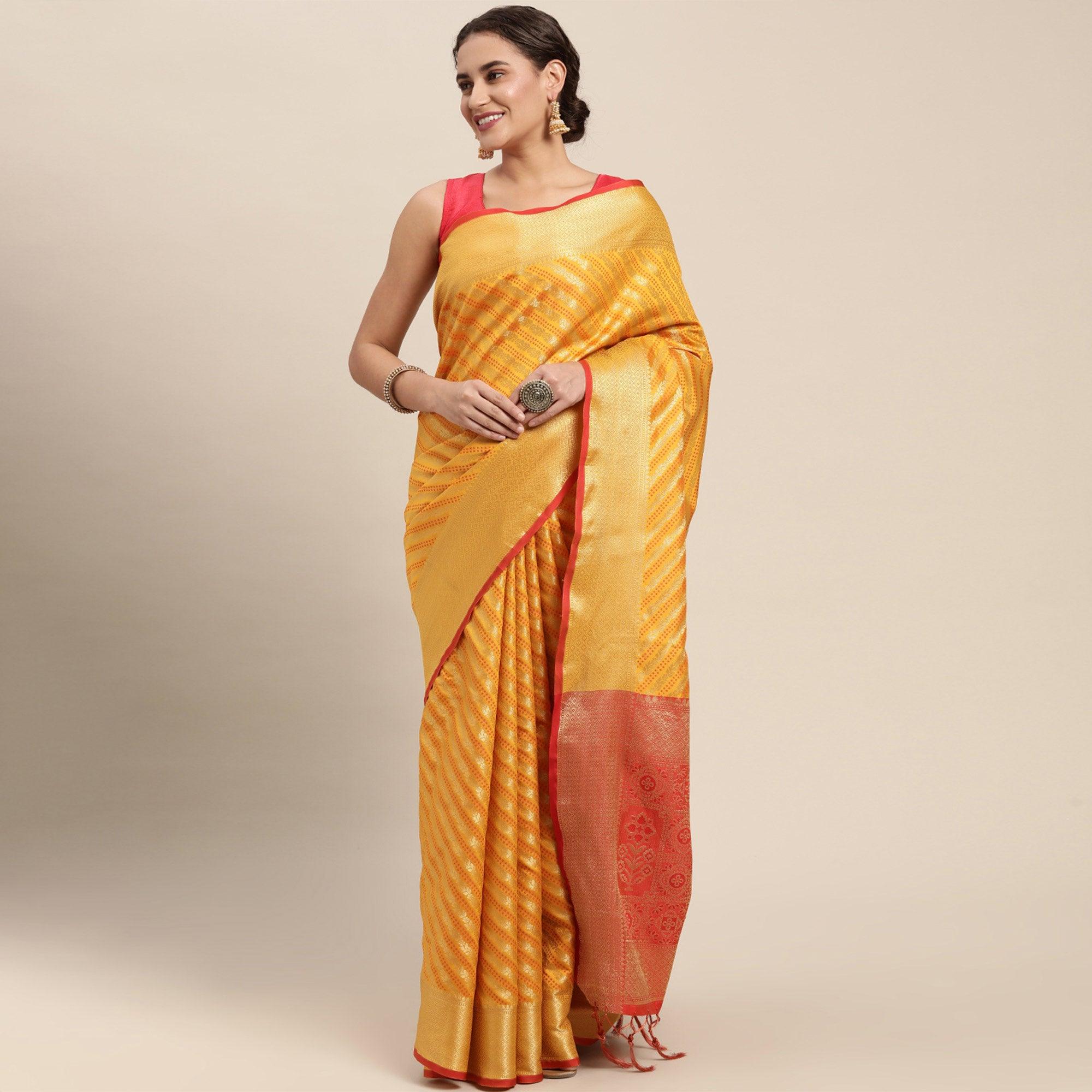 Yellow Woven Art Silk Saree with Tassels - Peachmode