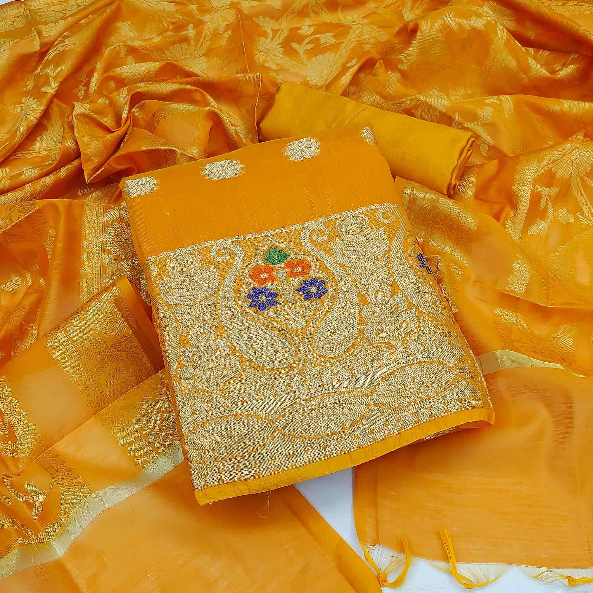 Yellow Woven Banarasi Dress Material - Peachmode