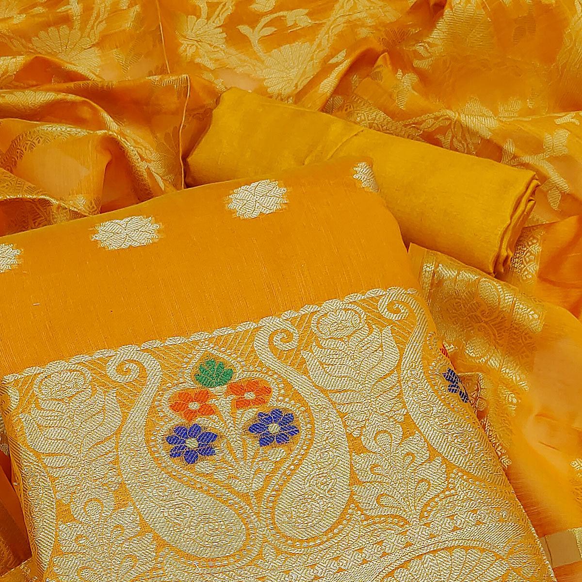 Yellow Woven Banarasi Dress Material - Peachmode
