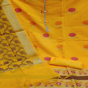 Yellow Woven Banarasi Jacqaurd Dress Material - Peachmode