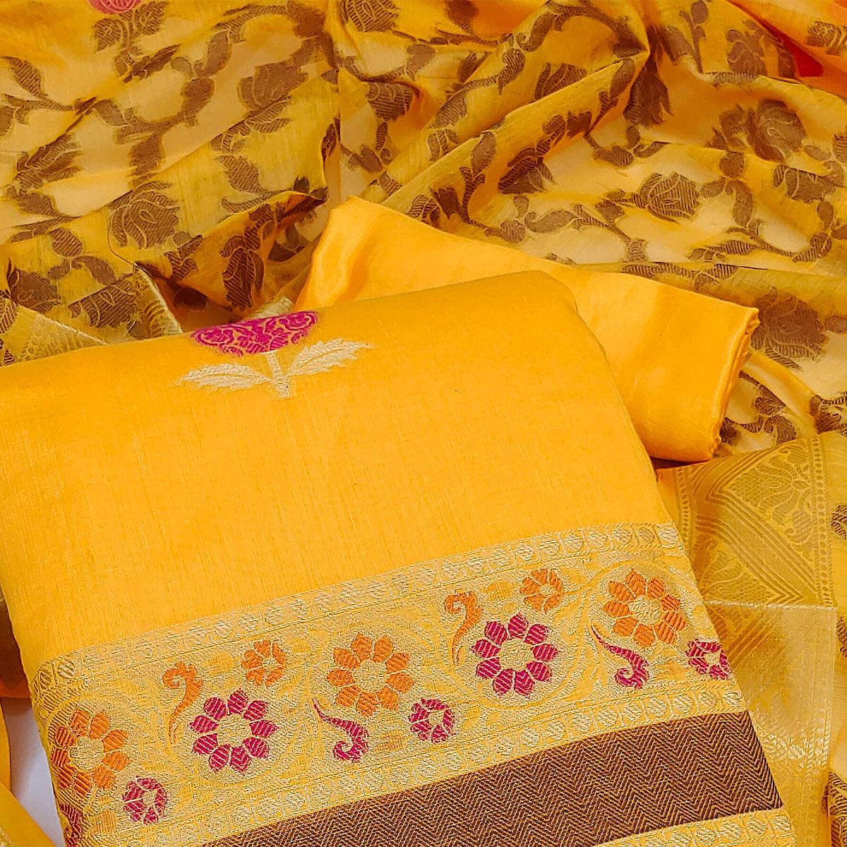 Yellow Woven Banarasi Jacqaurd Dress Material - Peachmode