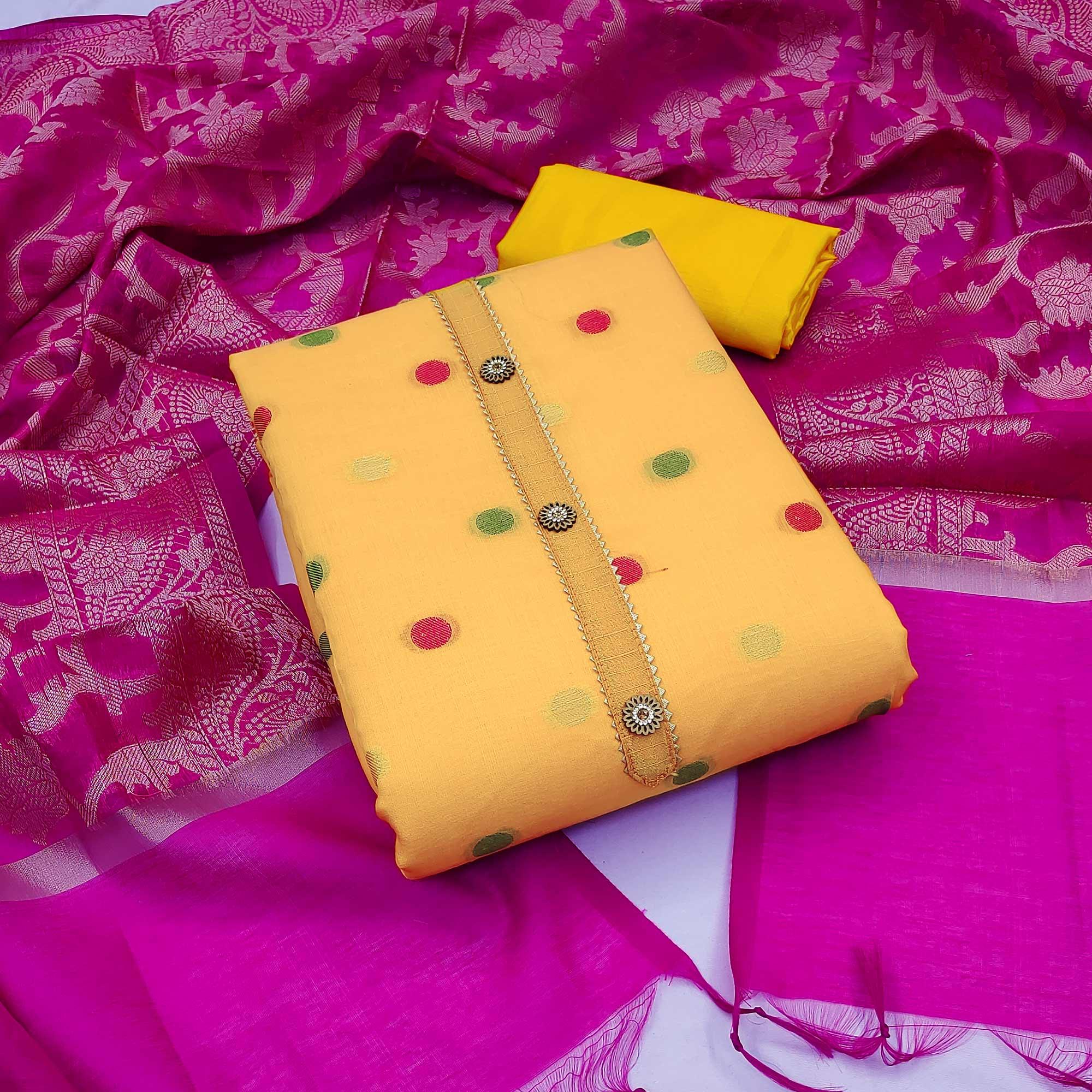 Yellow Woven Banarasi Silk Dress Material - Peachmode