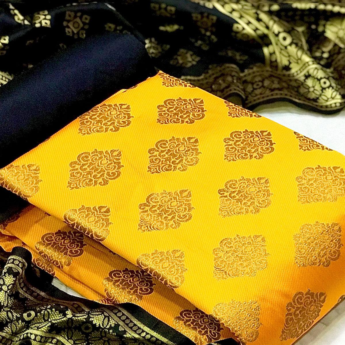 Yellow Woven Banarasi Silk Dress Material - Peachmode