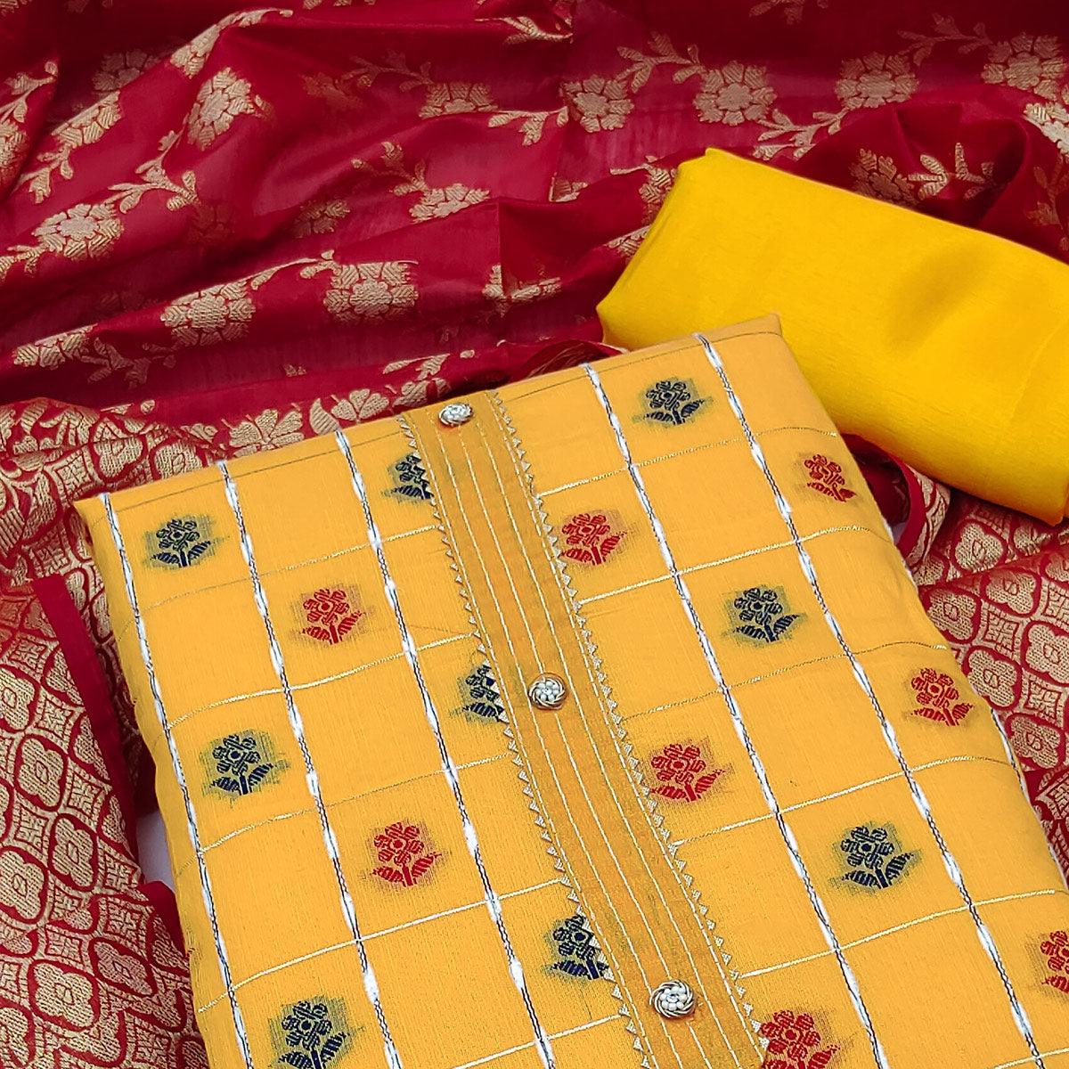 Yellow Woven Banarasi Silk Dress Material - Peachmode