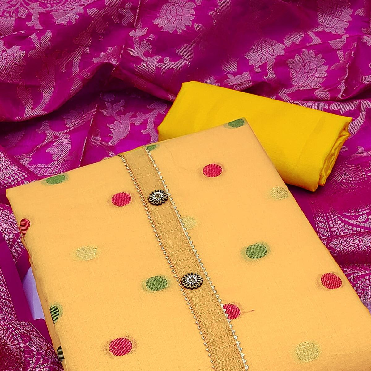 Yellow Woven Banarasi Silk Dress Material - Peachmode