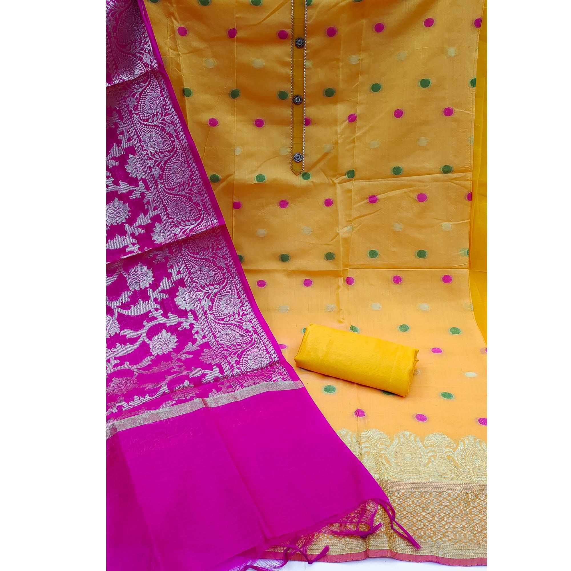 Yellow Woven Banarasi Silk Dress Material - Peachmode