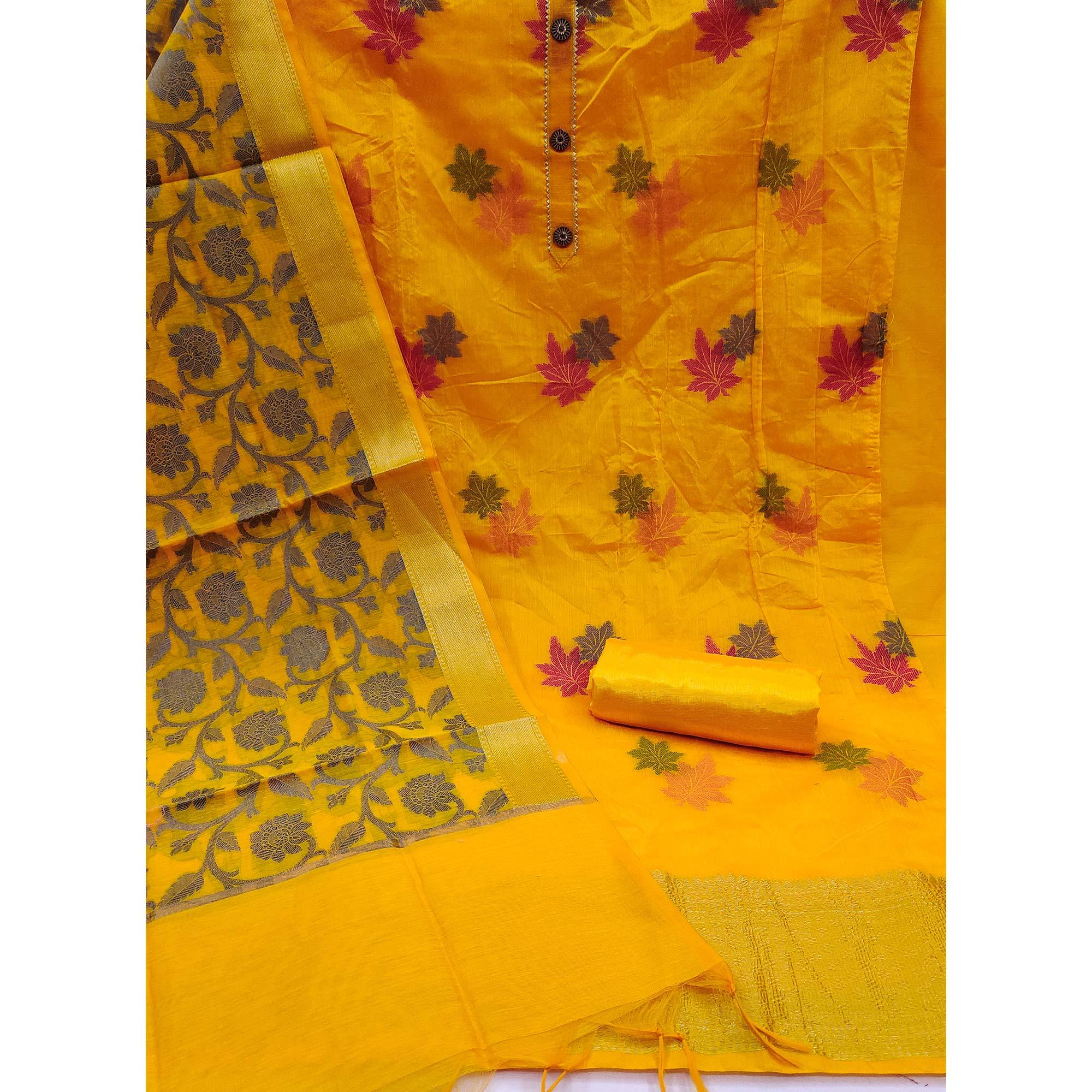 Yellow Woven Banarasi Silk Dress Material - Peachmode