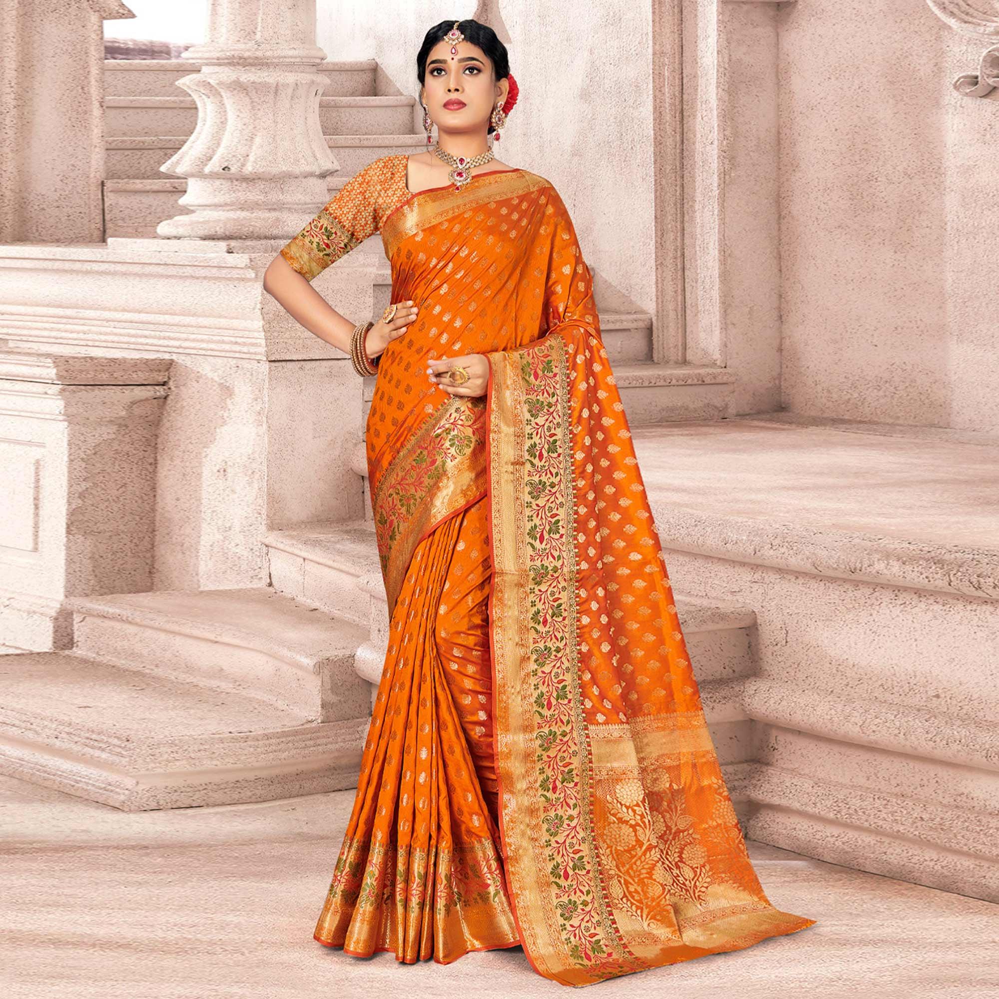 Yellow Woven Banarasi Silk Saree - Peachmode