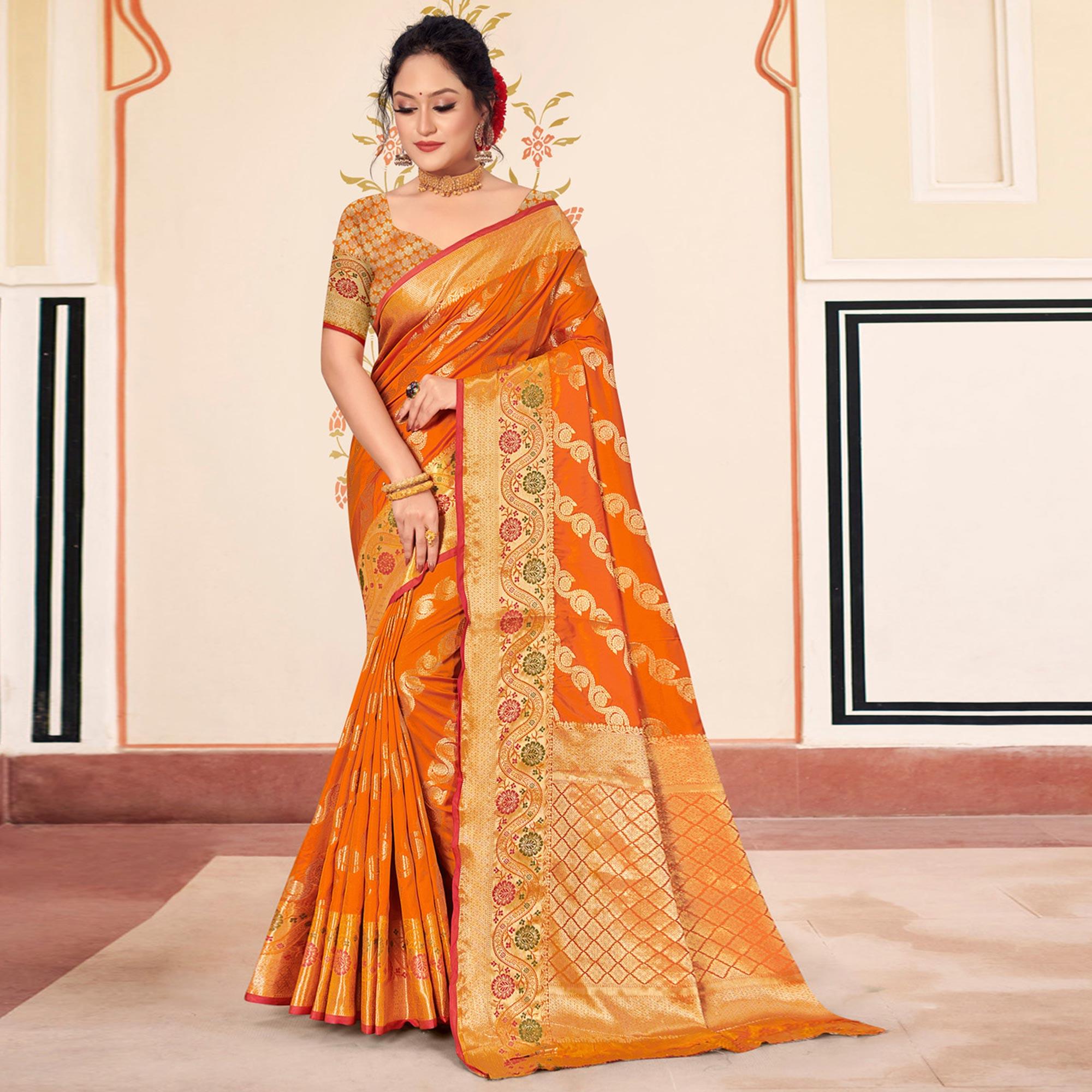 Yellow Woven Banarasi Silk Saree - Peachmode