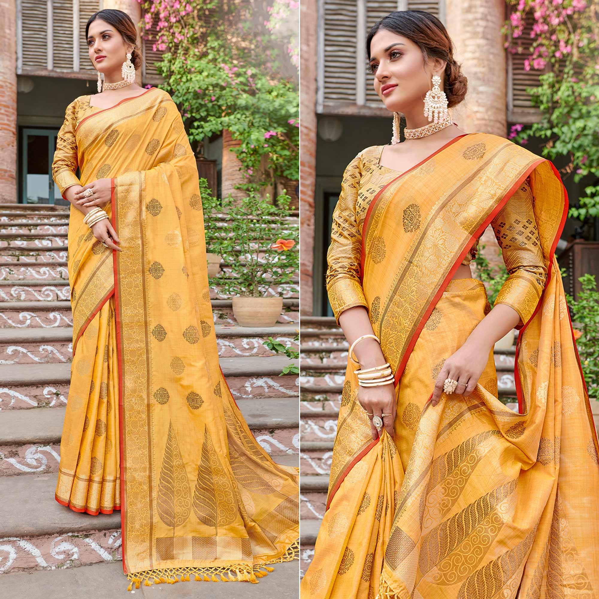 Yellow Woven Banarasi Silk Saree - Peachmode