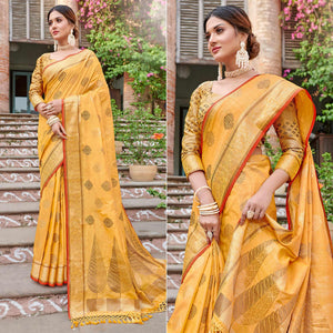Yellow Woven Banarasi Silk Saree - Peachmode