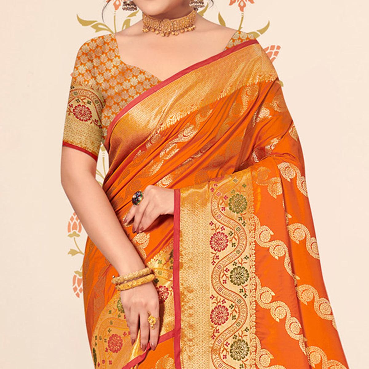 Yellow Woven Banarasi Silk Saree - Peachmode