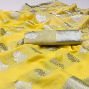 Yellow Woven Banarasi Silk Saree - Peachmode