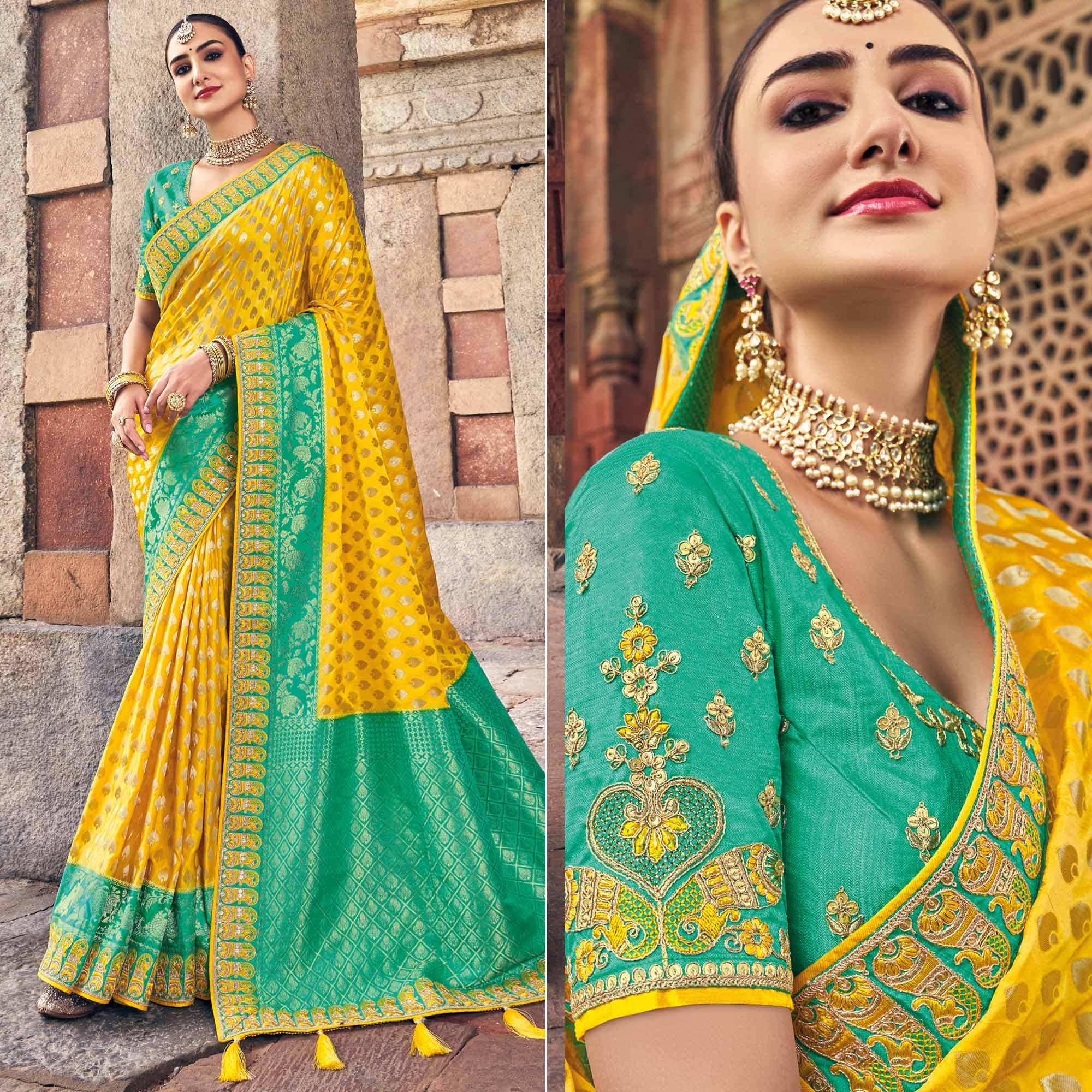 Yellow Woven Banarasi Silk Saree With Tassels - Peachmode