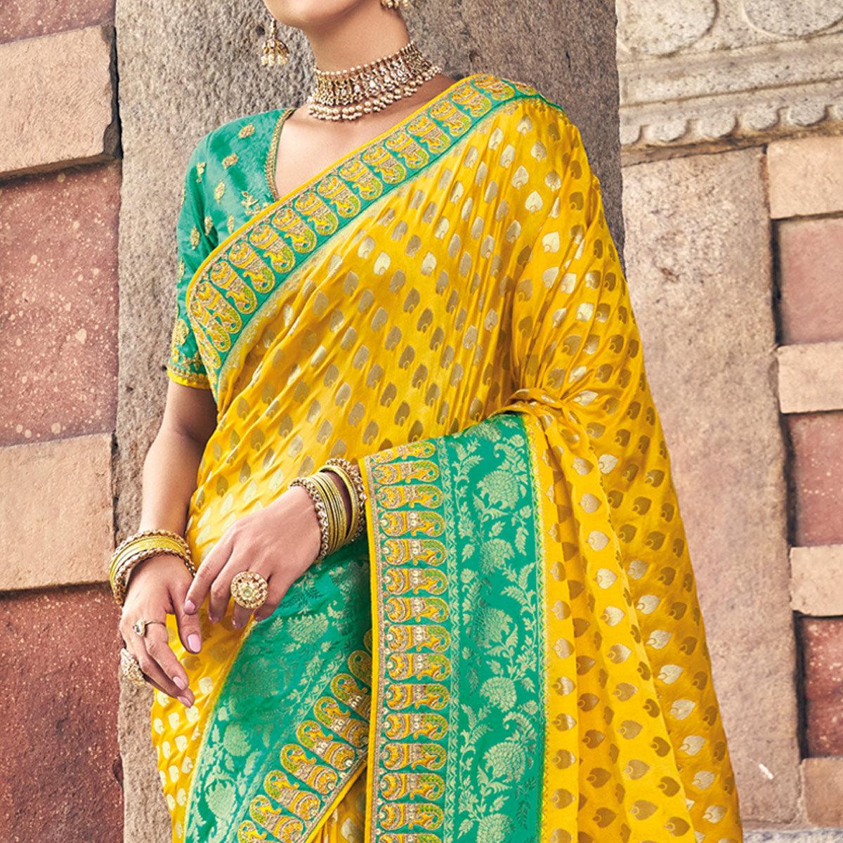 Yellow Woven Banarasi Silk Saree With Tassels - Peachmode