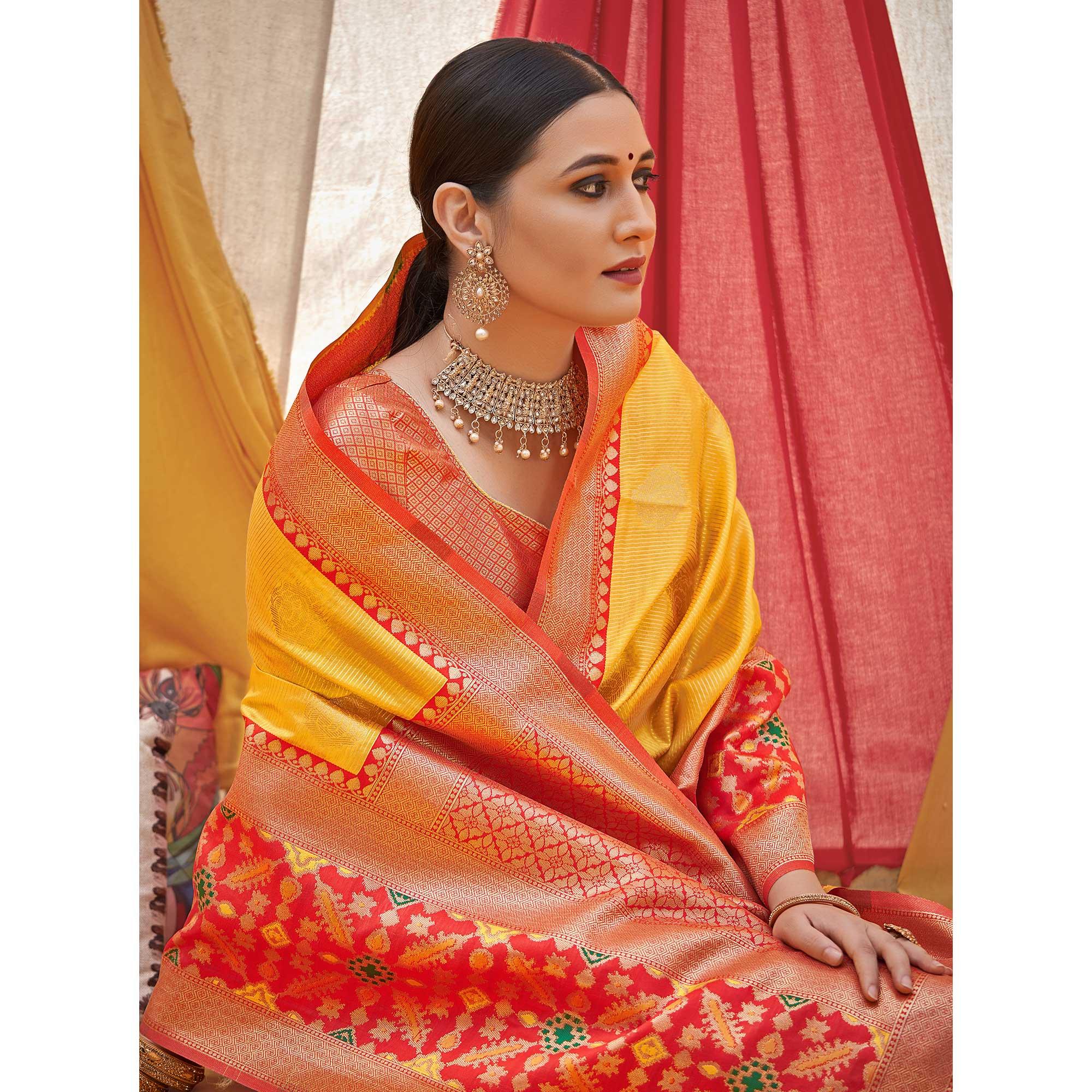 Yellow Woven Banarasi Silk Saree With Tassels - Peachmode