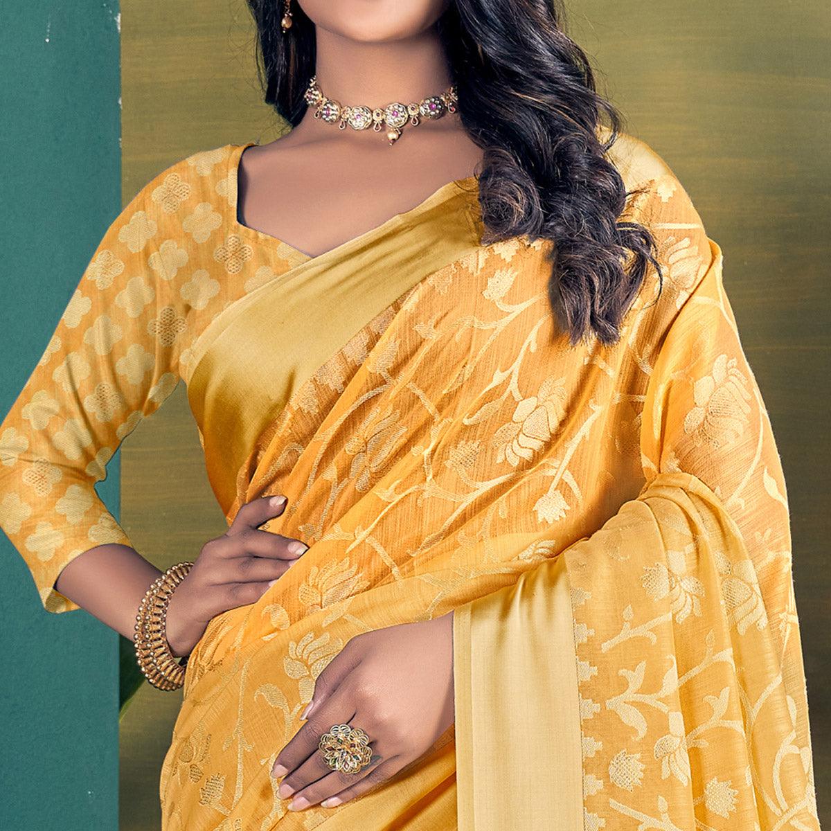 Yellow Woven Brasso Saree - Peachmode