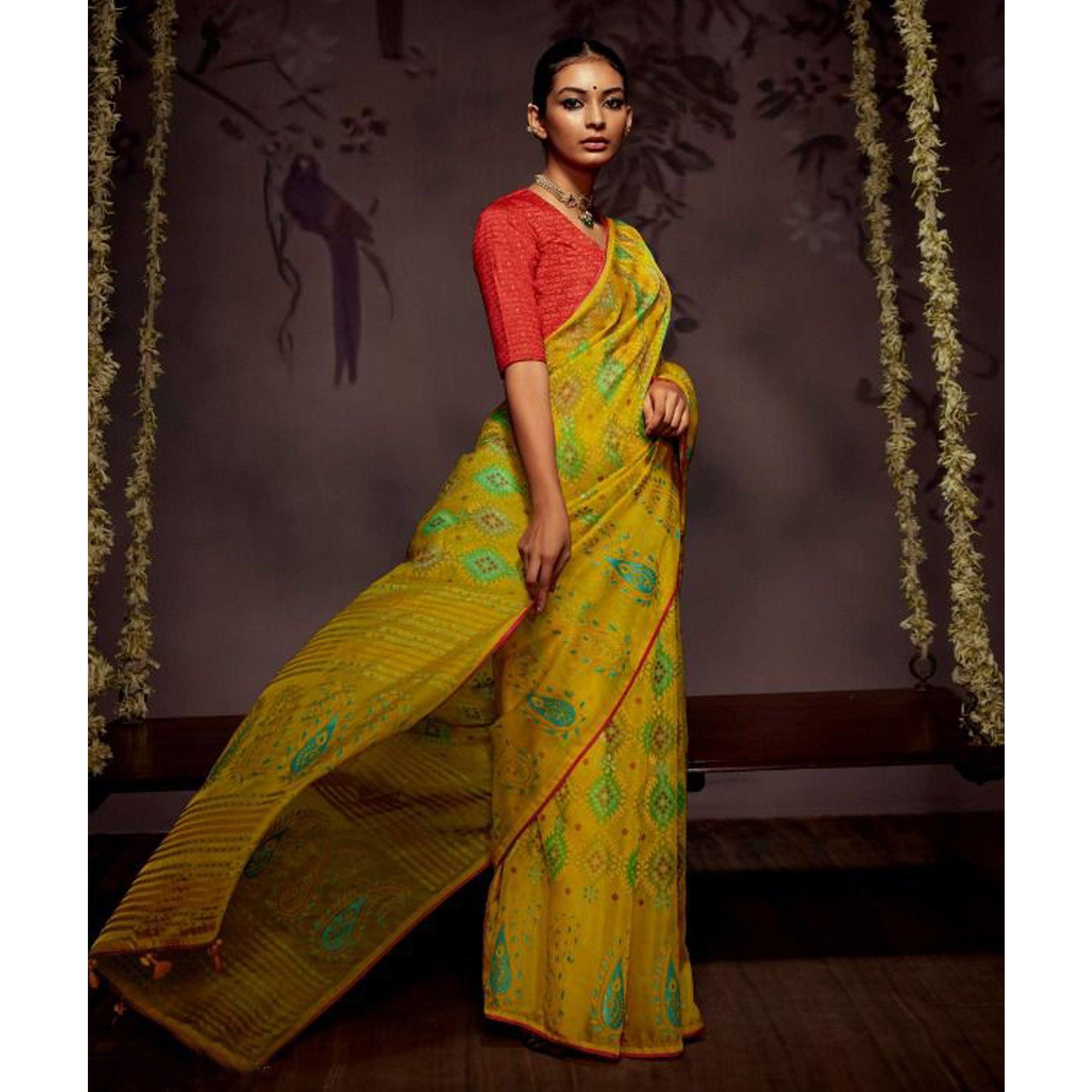 Yellow Woven Brasso Saree With Tassels - Peachmode