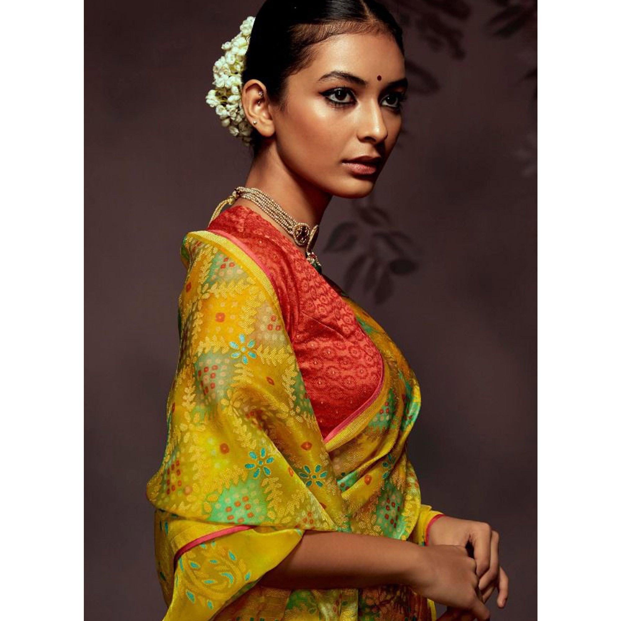 Yellow Woven Brasso Saree With Tassels - Peachmode