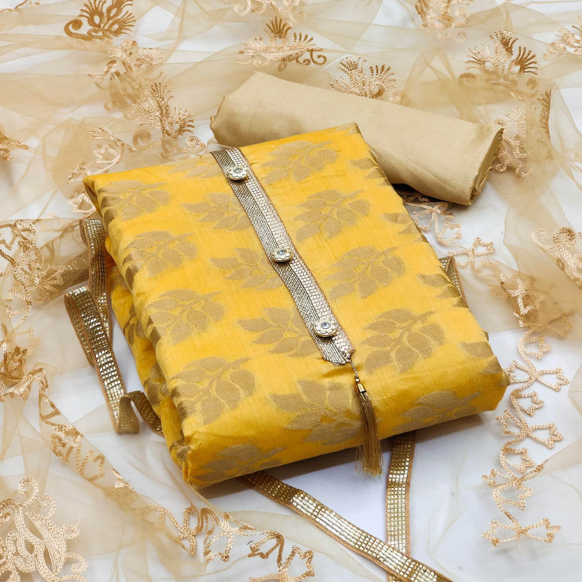 Yellow Woven Chanderi Dress Material - Peachmode