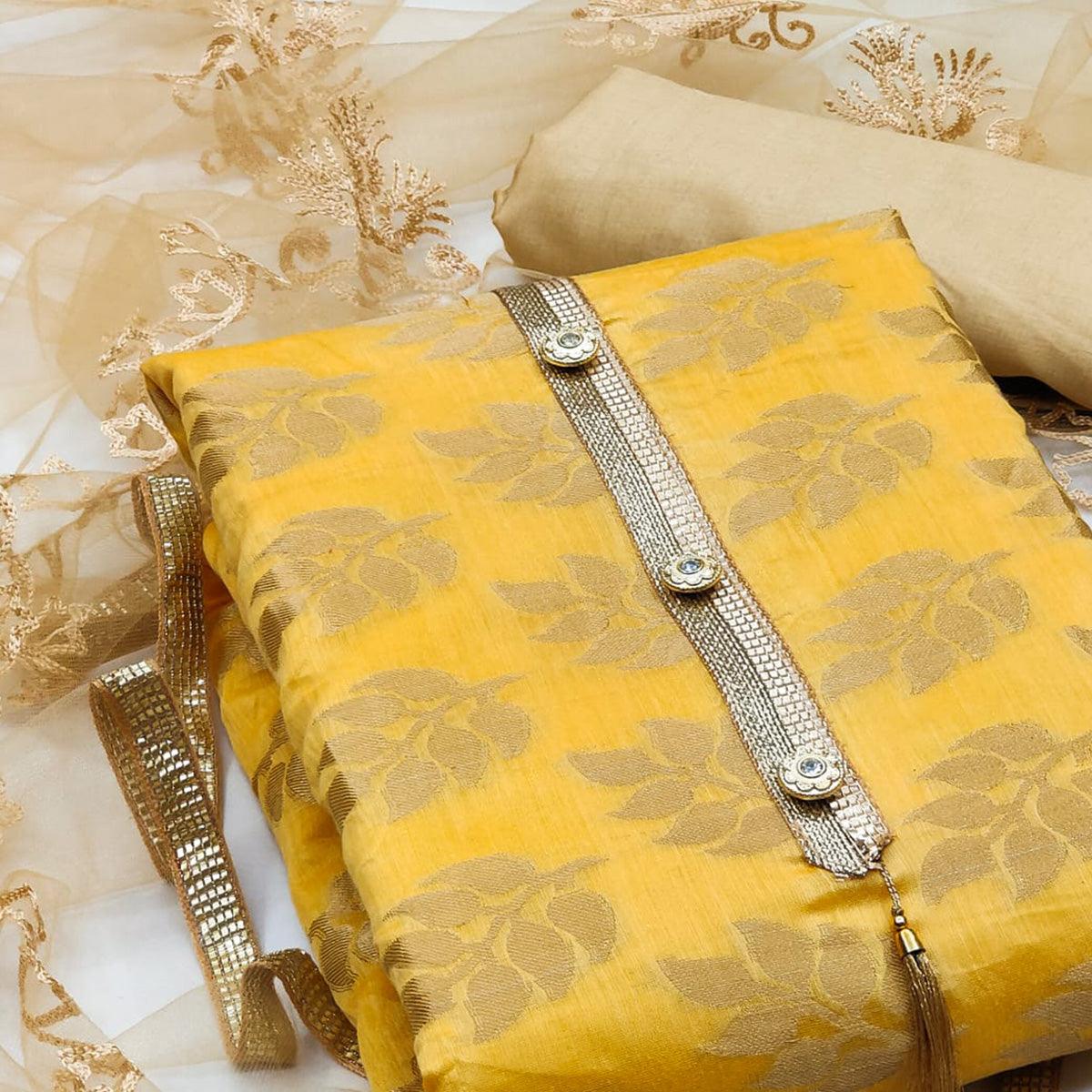 Yellow Woven Chanderi Dress Material - Peachmode