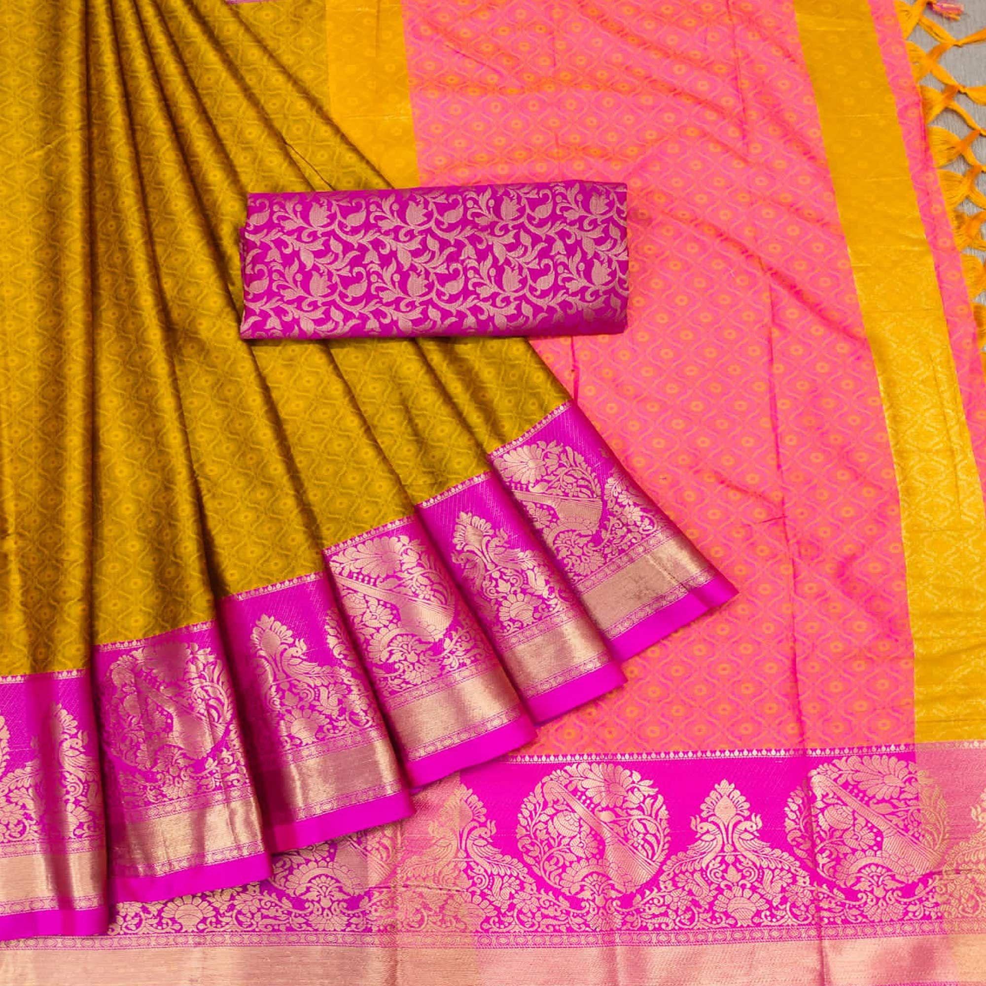 Yellow Woven Cotton Silk Saree - Peachmode