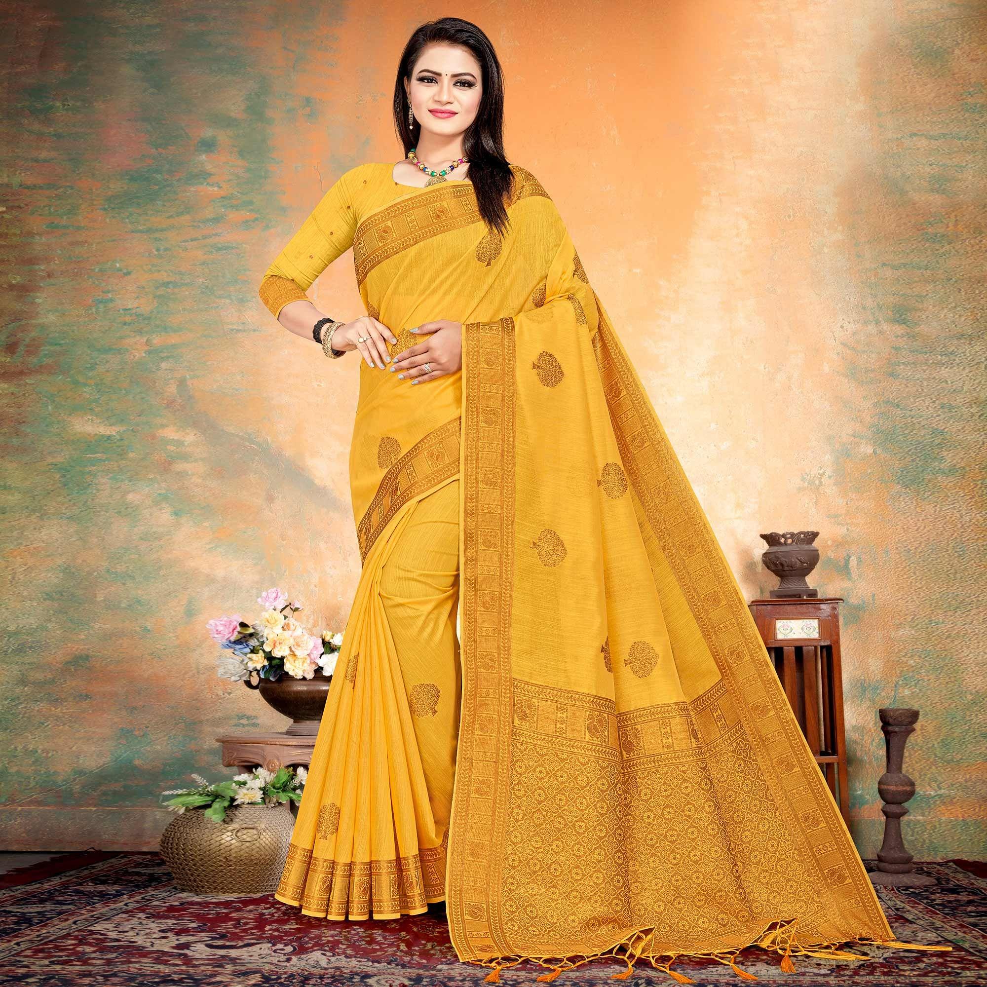 Yellow Woven Cotton Silk Saree - Peachmode