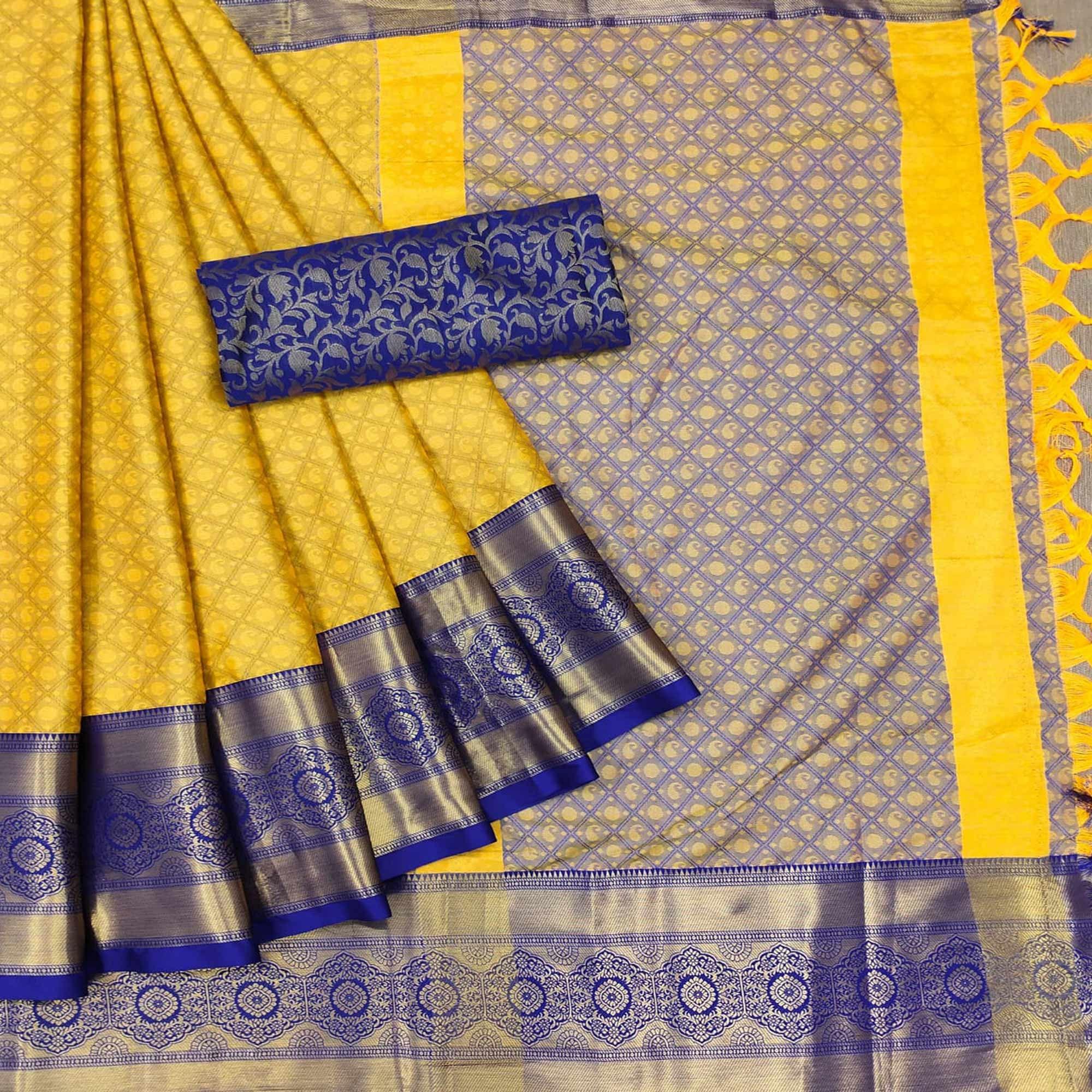 Yellow Woven Cotton Silk Saree - Peachmode