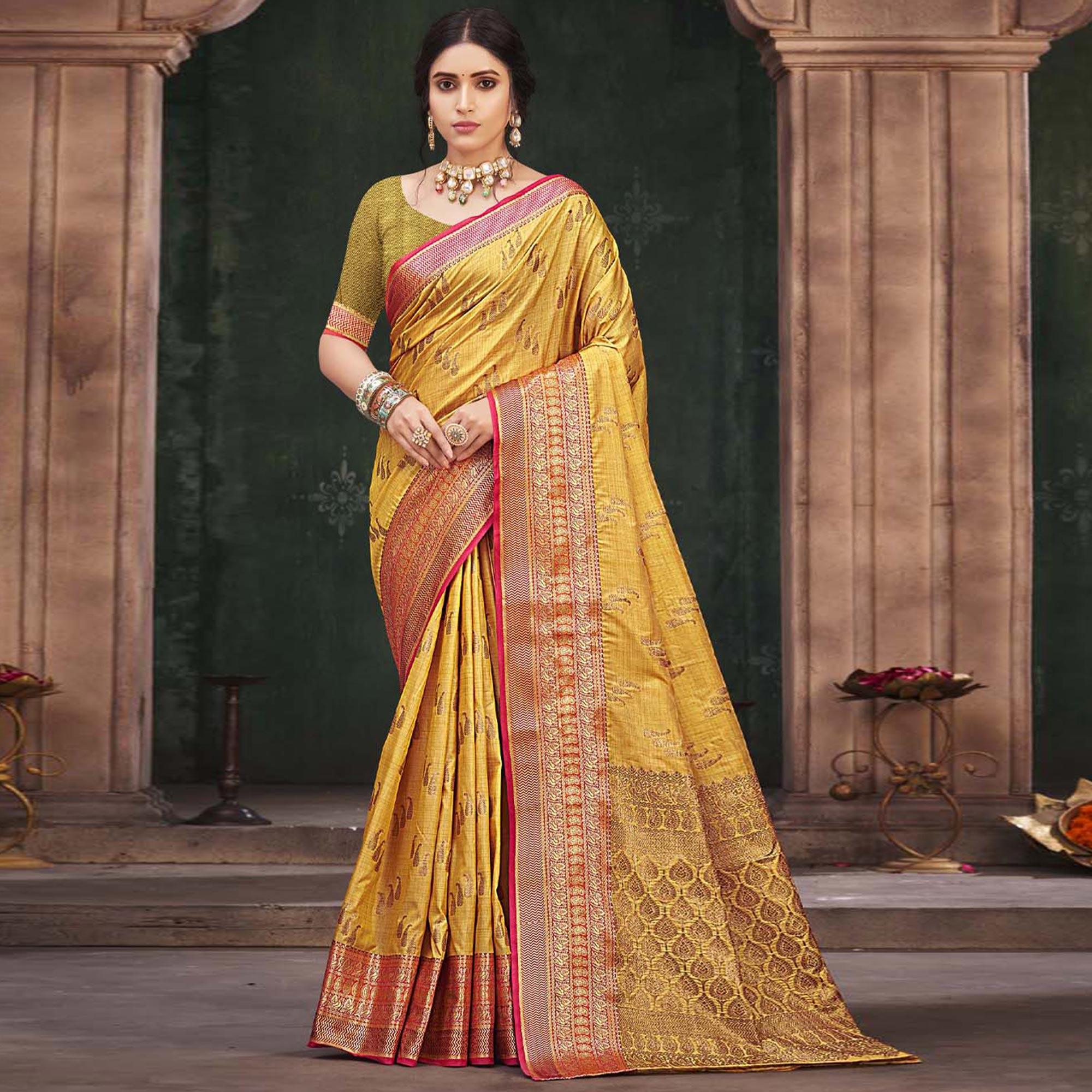 Yellow Woven Cotton Silk Saree - Peachmode