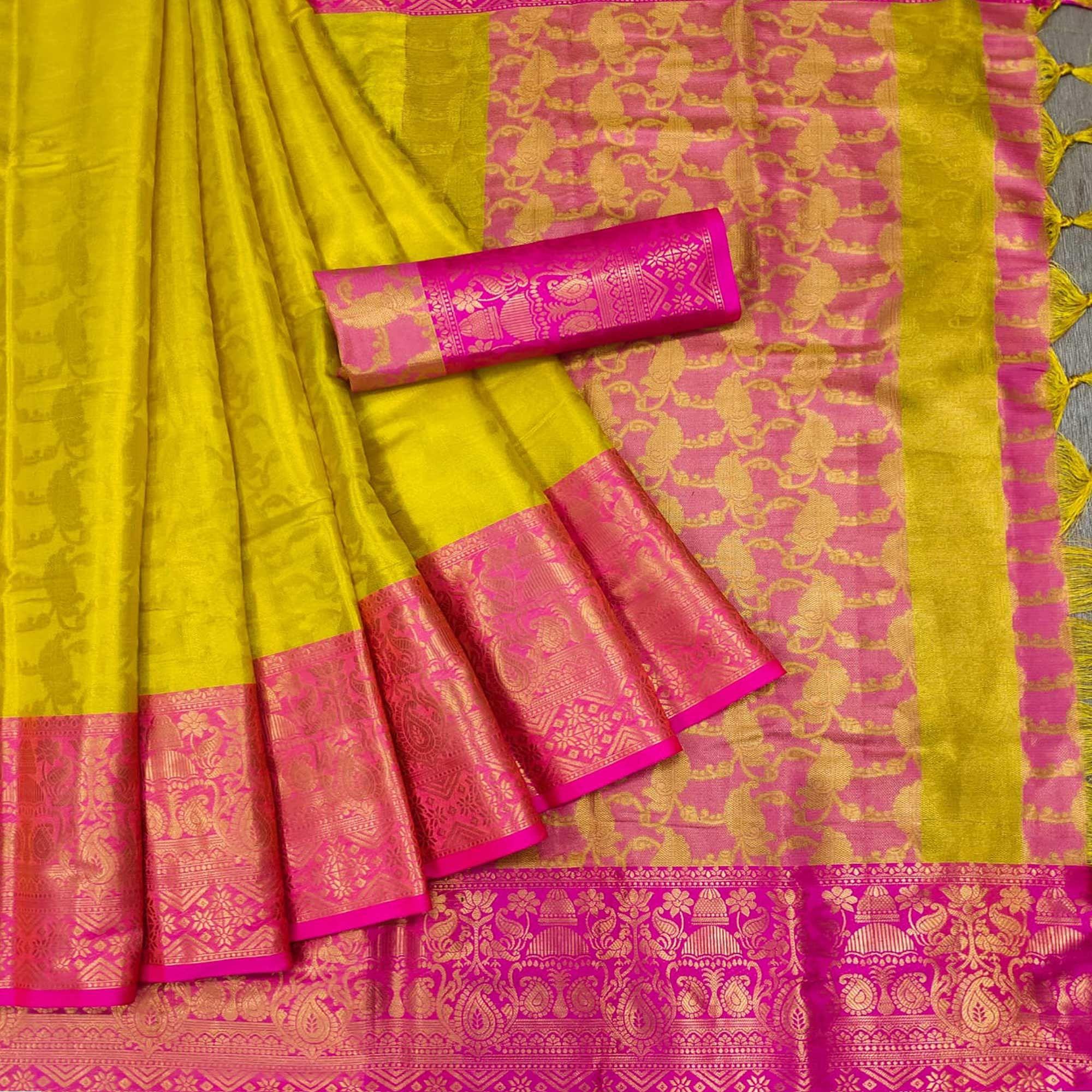 Yellow Woven Cotton Silk Saree - Peachmode