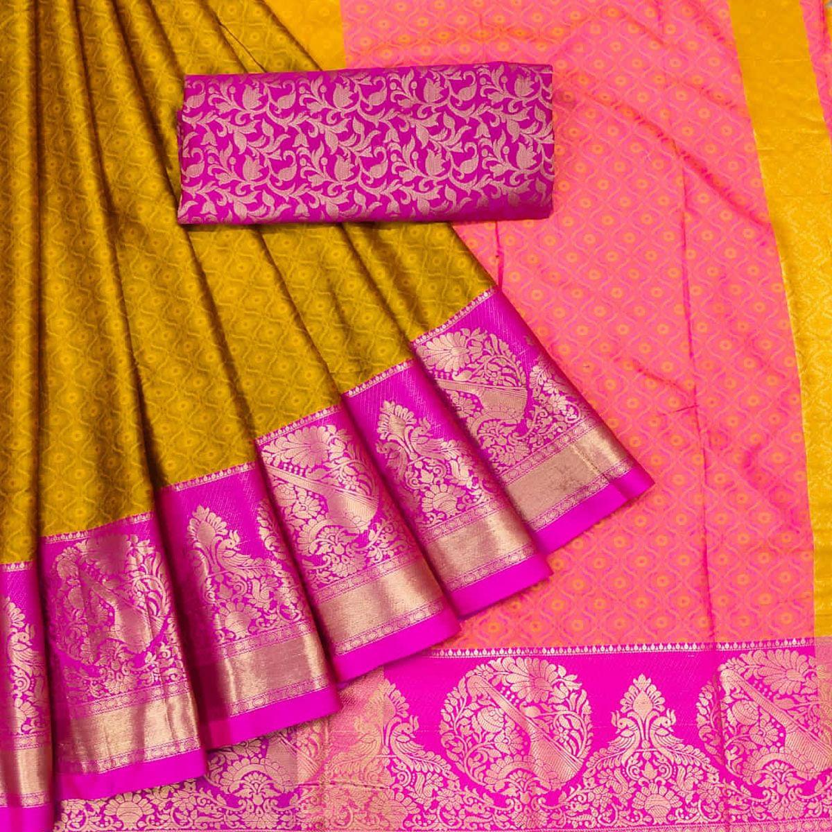 Yellow Woven Cotton Silk Saree - Peachmode