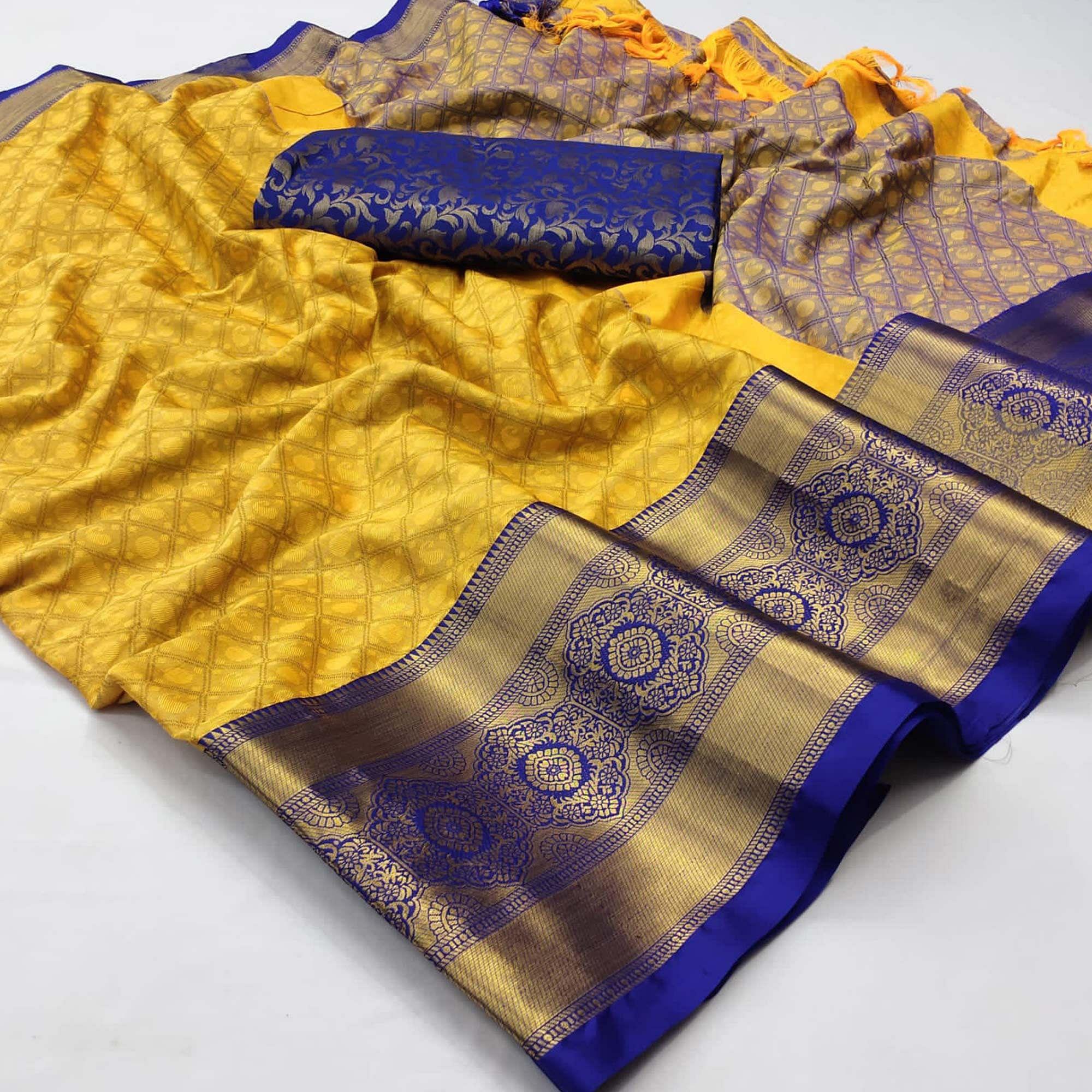 Yellow Woven Cotton Silk Saree - Peachmode
