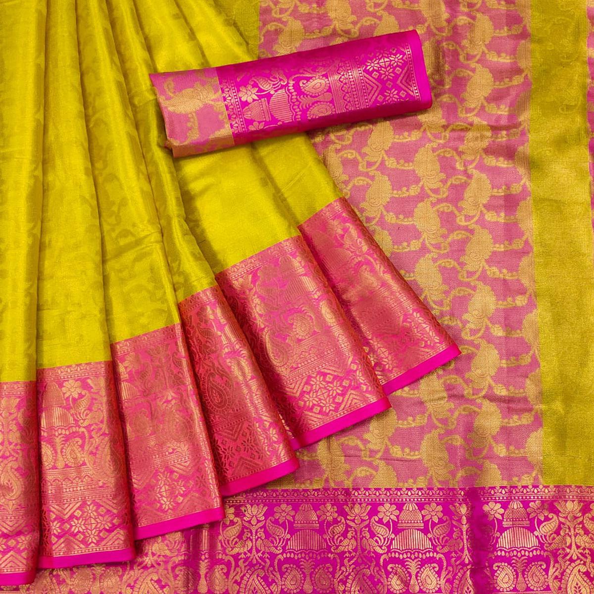 Yellow Woven Cotton Silk Saree - Peachmode
