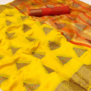 Yellow Woven Cotton Silk Saree - Peachmode
