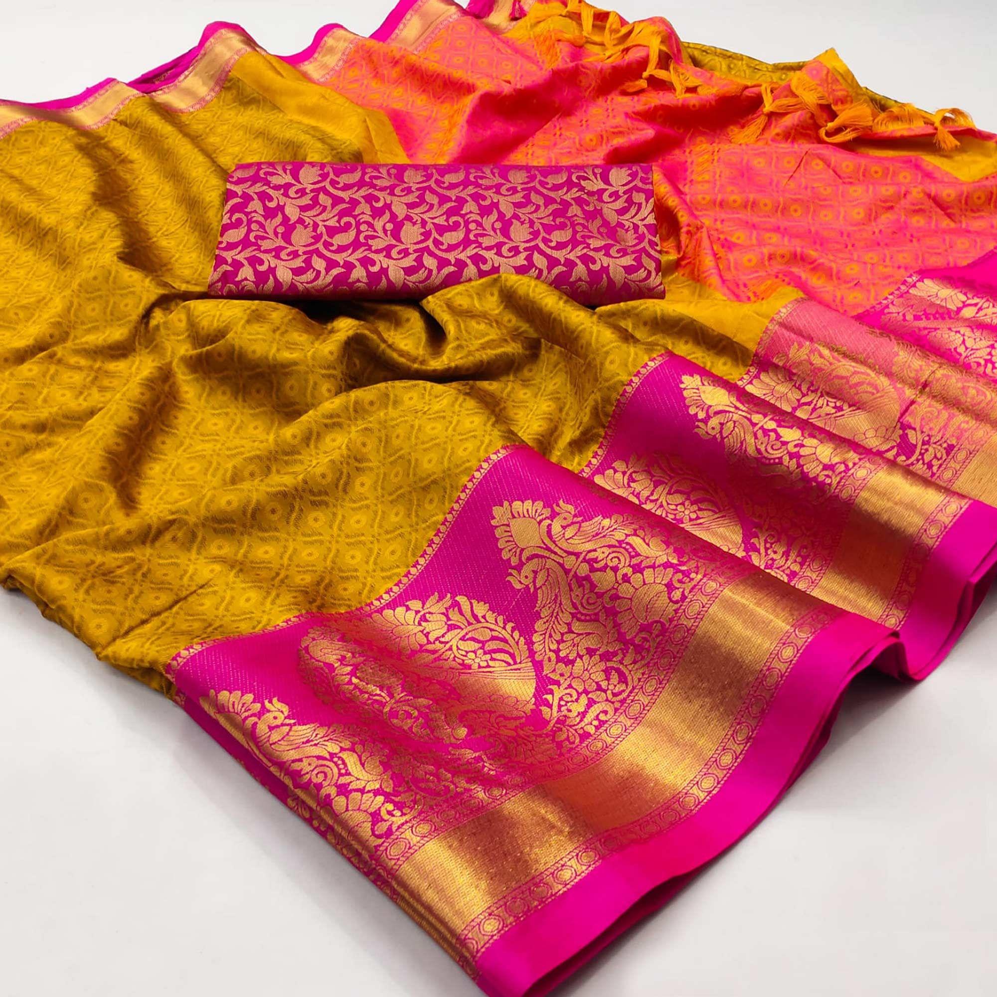 Yellow Woven Cotton Silk Saree - Peachmode