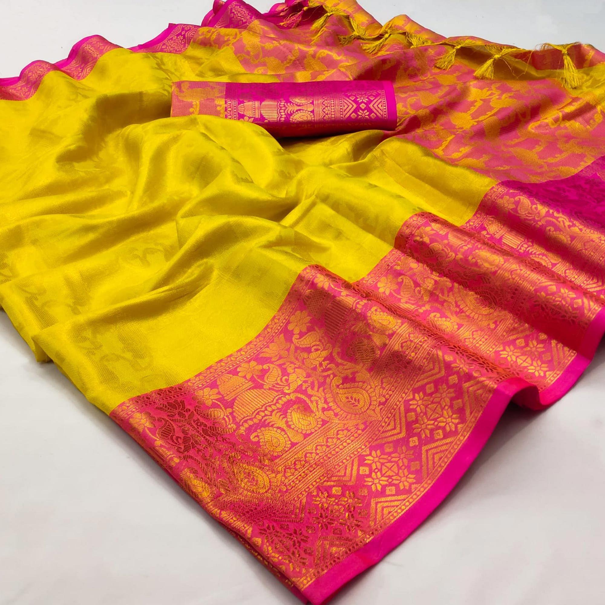Yellow Woven Cotton Silk Saree - Peachmode