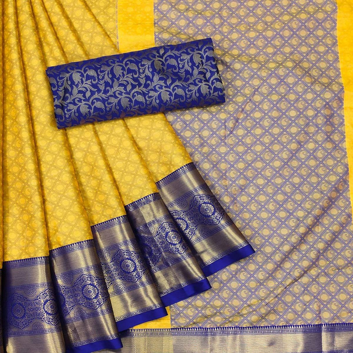 Yellow Woven Cotton Silk Saree - Peachmode