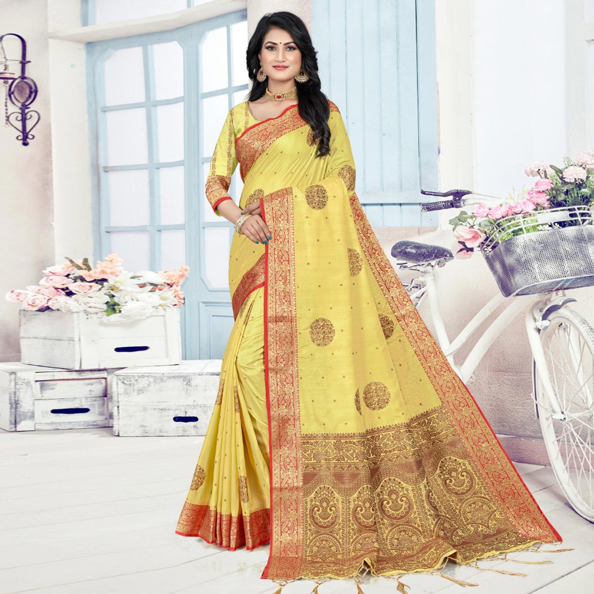 Yellow Woven Cotton Silk Saree With Tassels - Peachmode