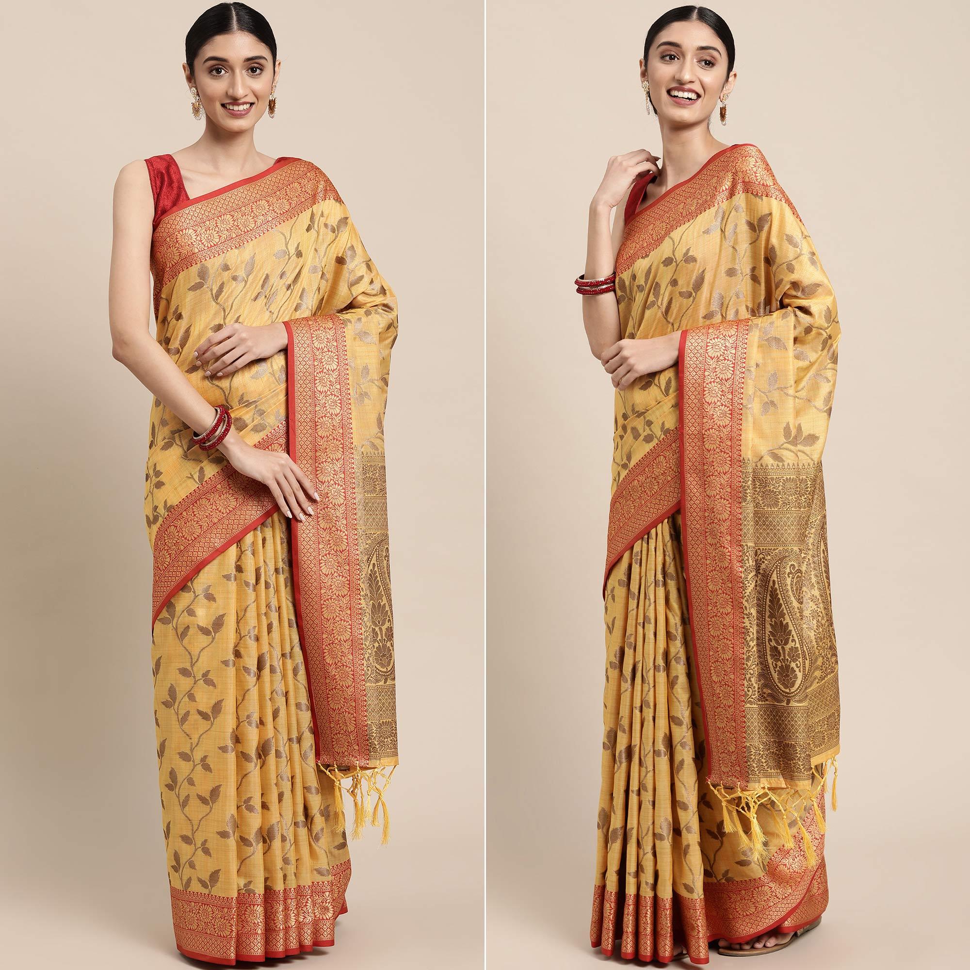 Yellow Woven Cotton Silk Saree With Tassels - Peachmode