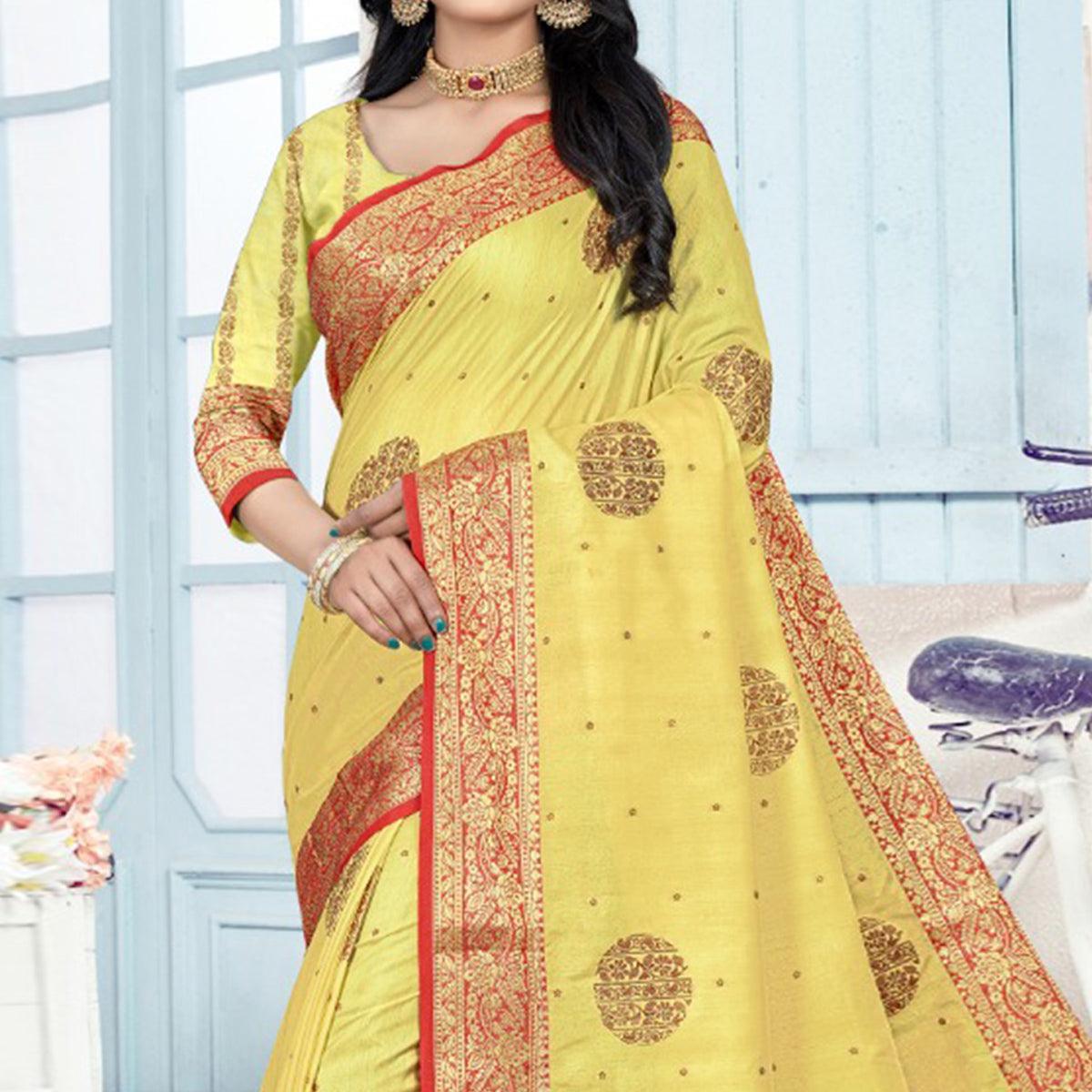 Yellow Woven Cotton Silk Saree With Tassels - Peachmode