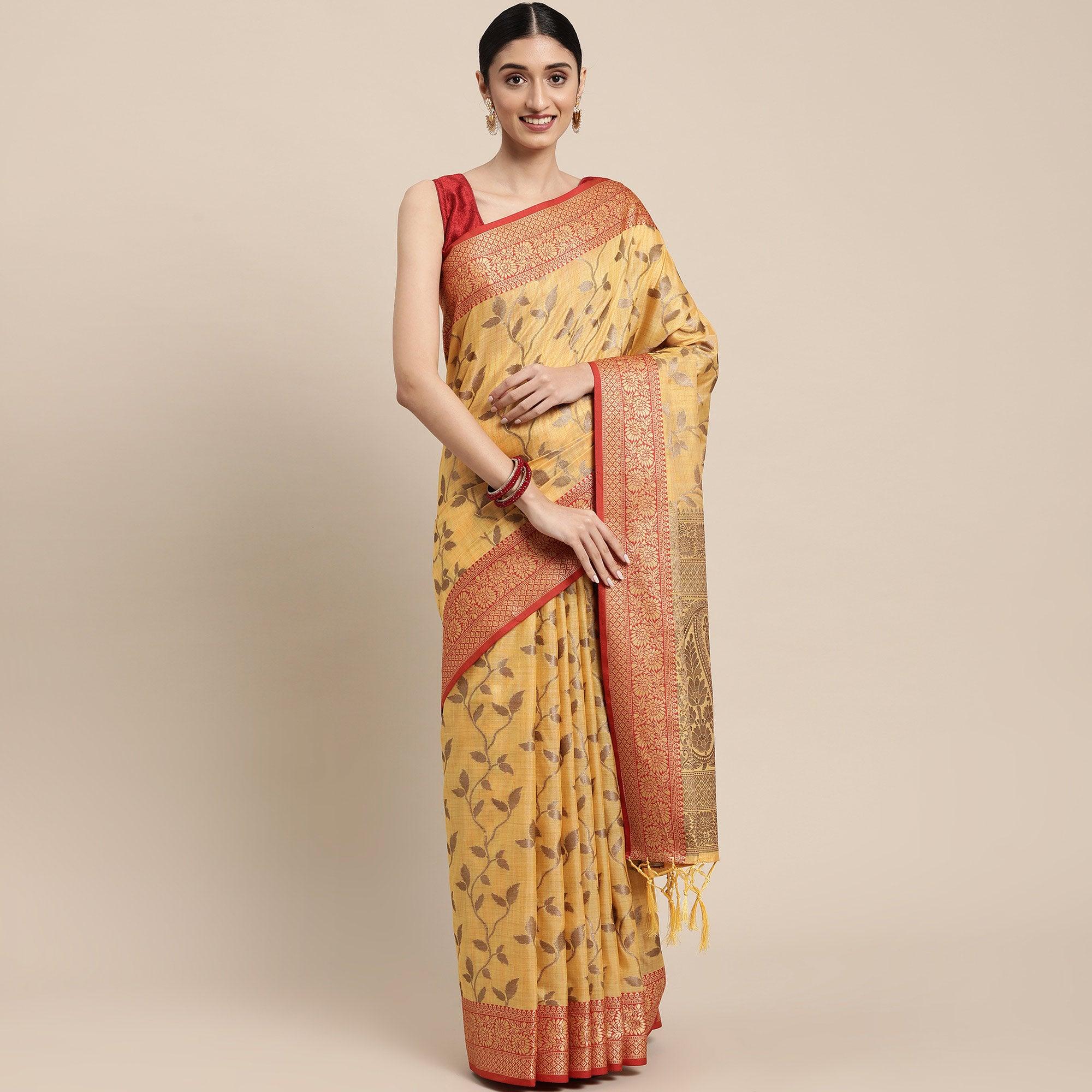 Yellow Woven Cotton Silk Saree With Tassels - Peachmode