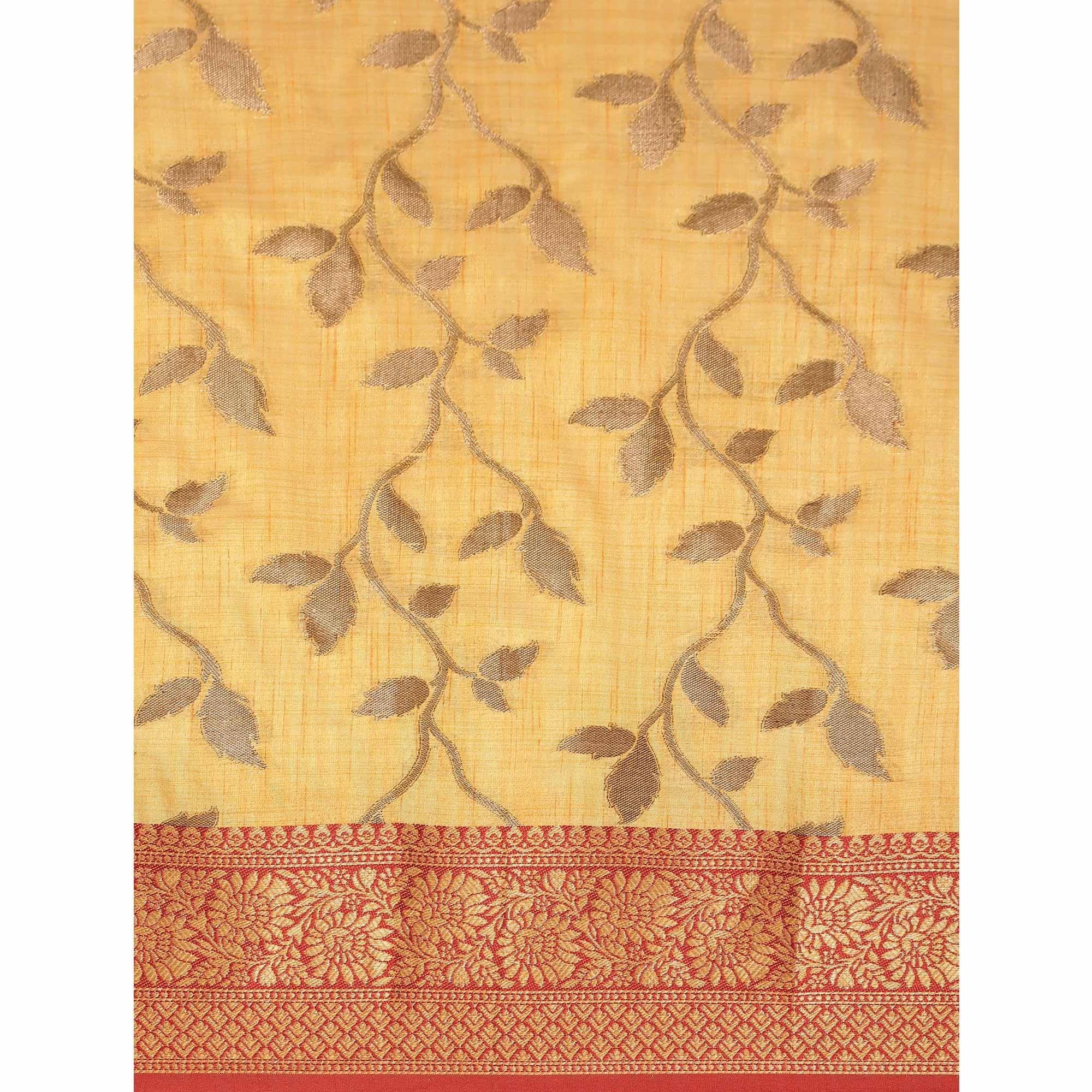 Yellow Woven Cotton Silk Saree With Tassels - Peachmode